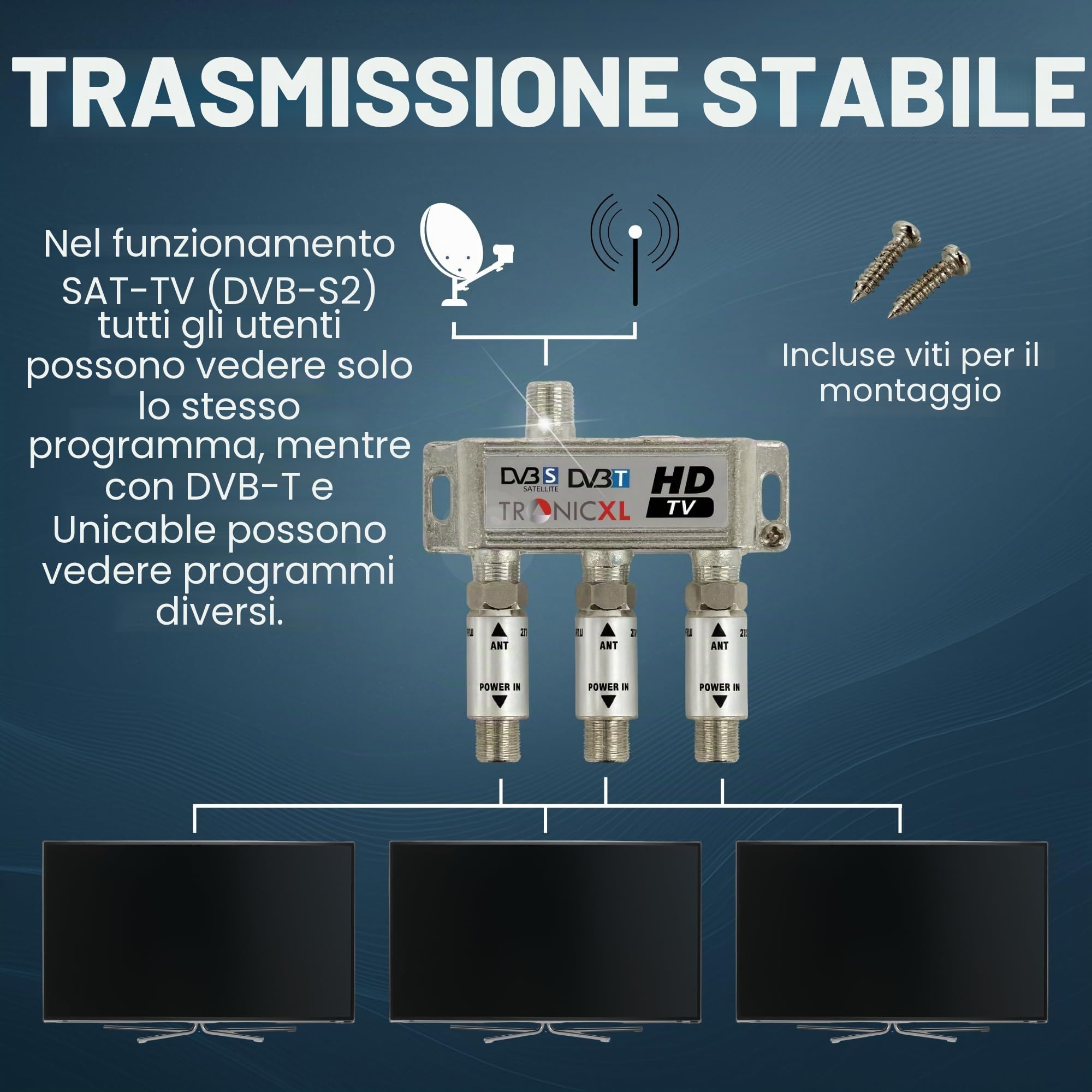 TronicXL Splitter satellitare 3x 60dB Amplificatore I Distributore Antenna Morbido DVB-S2 DVB-T2 Morbido con amplificatore antenna per amplificatore di segnale 3D 4K HDTV per una buona ricezione