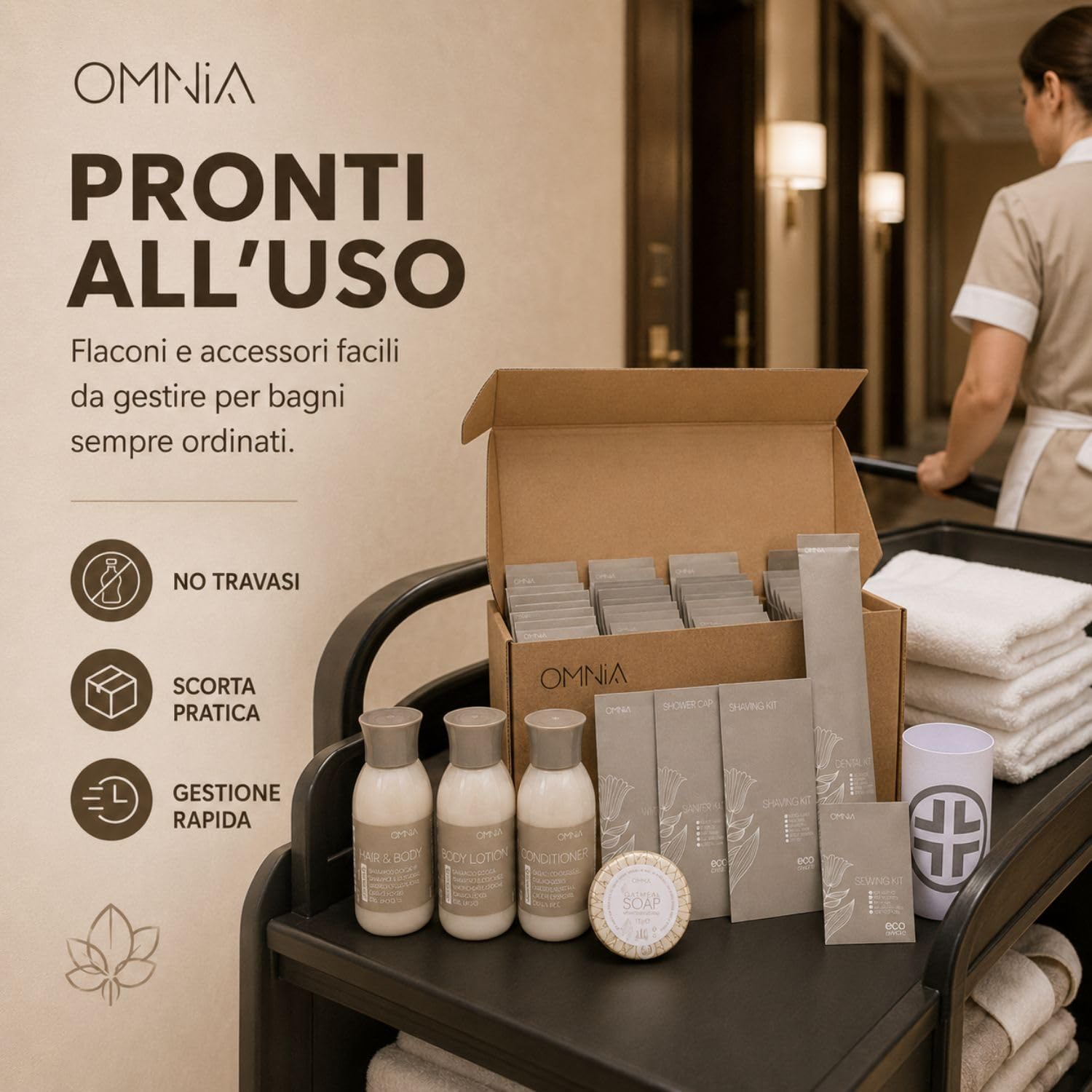 Kit Cortesia 344 Pezzi; 56 doccia shampoo, 56 crema corpo, 56 balsamo, 56 saponette, 30 cuffie monouso, 30 vanity set, 20 dental kit, 20 set barba e 20 set minicucito - omaggio 110 pezzi