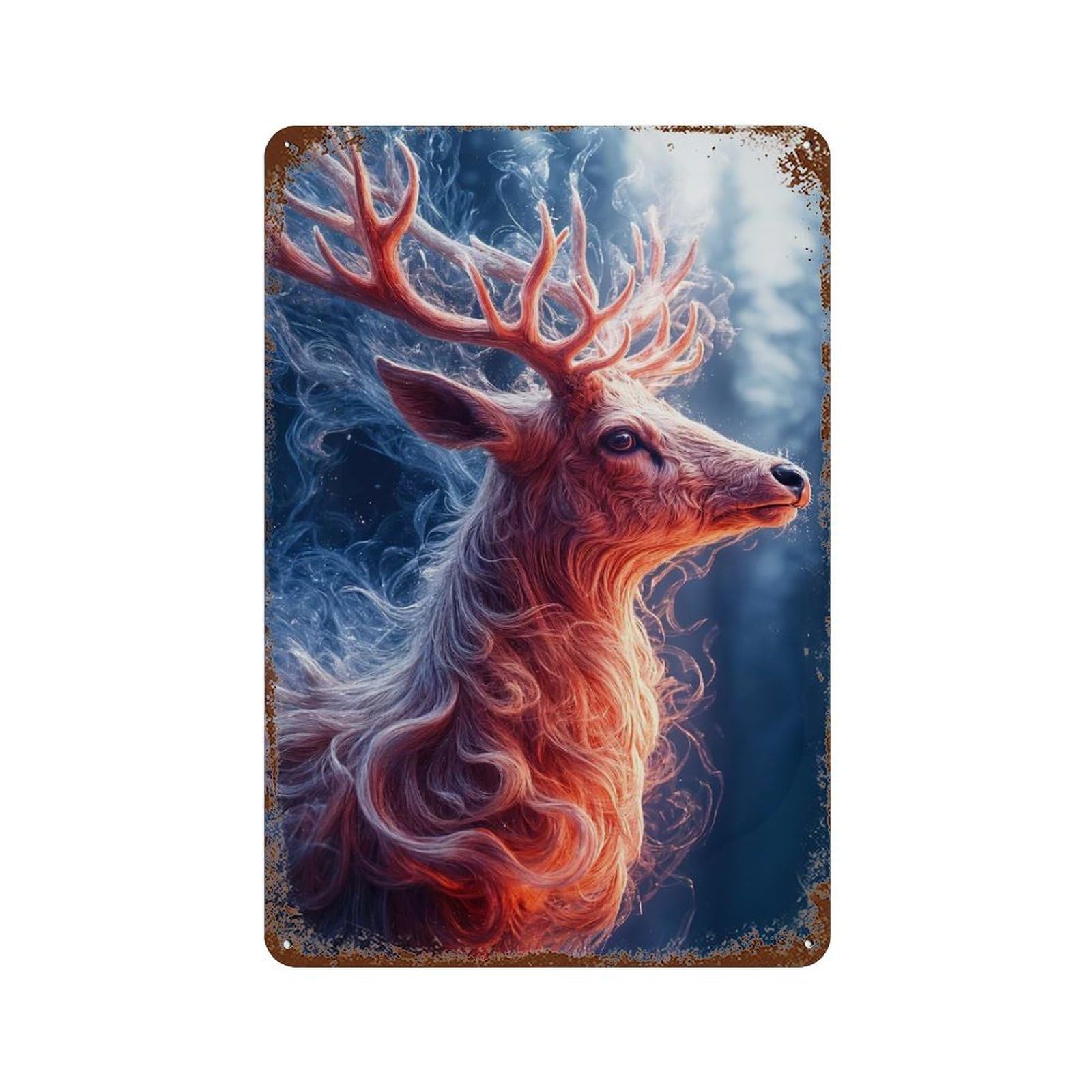 Decorative Tin Sign with Mystical Deer Portrait in Winter Forest Design 11.8"x7.9", for Farmhouse, Kitchen And Entryway Decor, Decorative Metal Wall Art