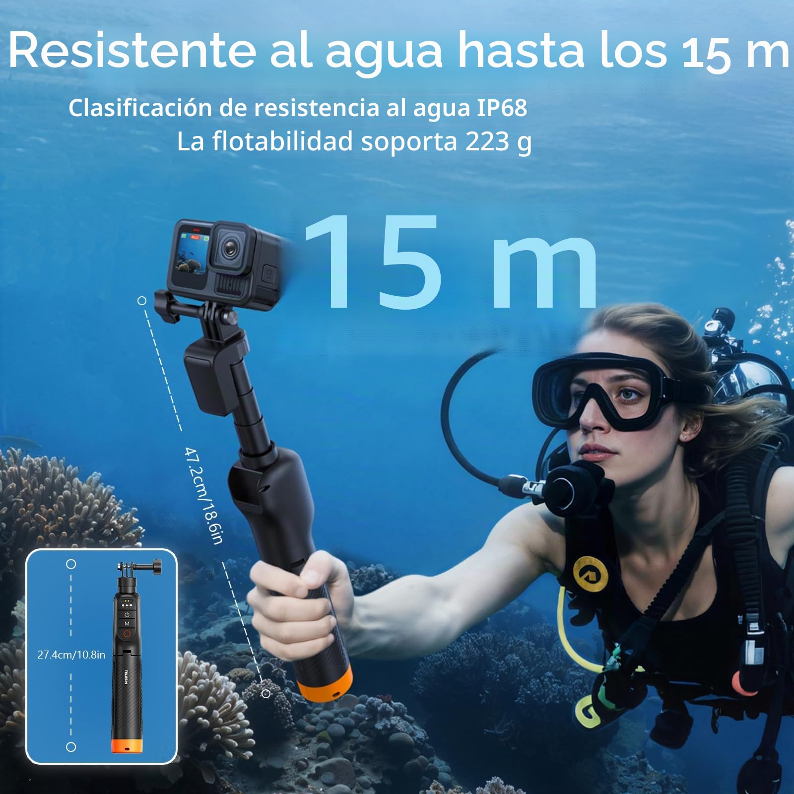 Trípode para Selfie con empuñadura Flotante, Impermeable, Extensible, monopié para Selfie con Control Remoto Bluetooth para cámaras de acción Go Pro Hero 13,12,11,10,9,8 Black