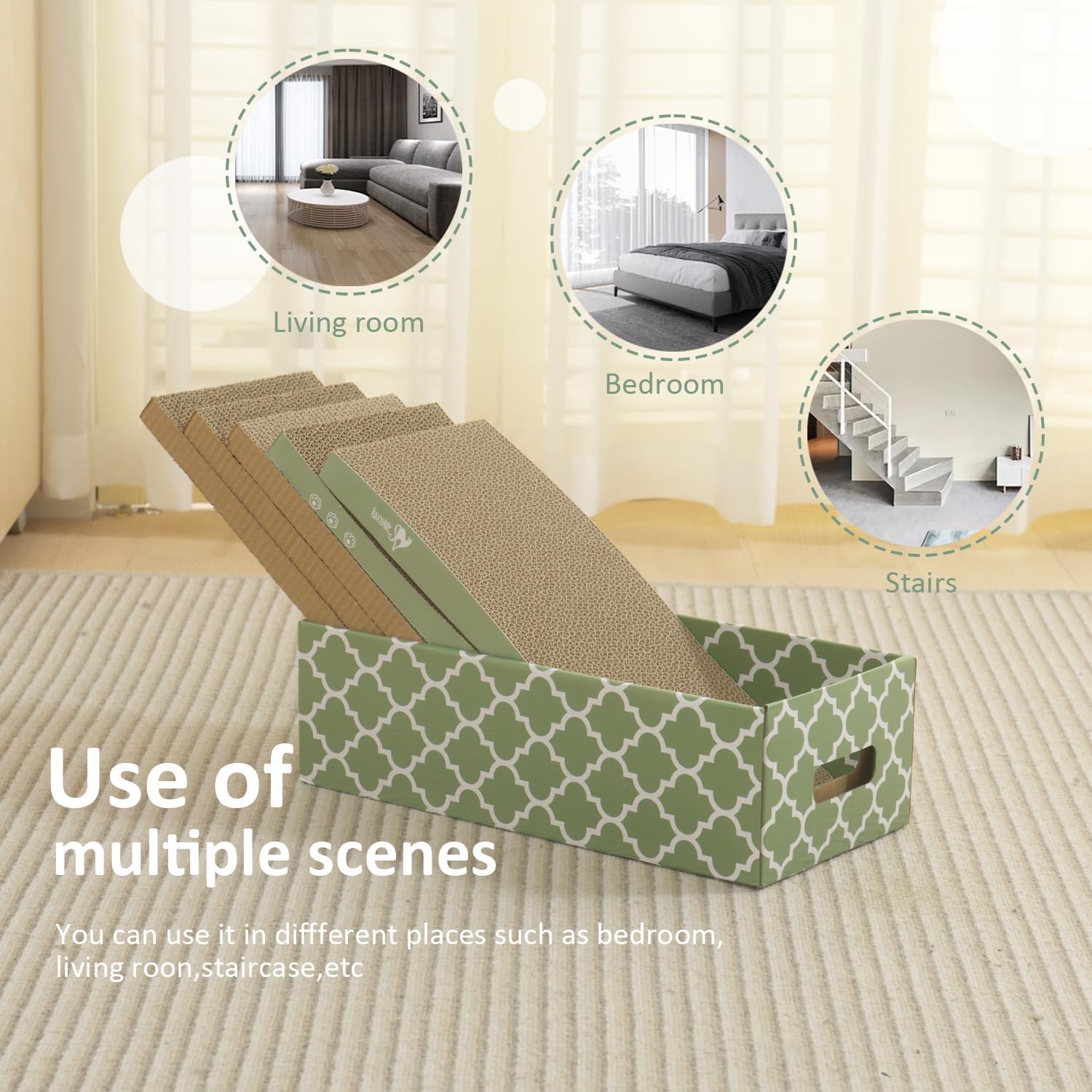 MECOOL Tabla de rascar para gatos, 5 almohadillas para rascar gatos con caja para rascar gatos, cartón corrugado reversible y cama de salón para gatos de interior, hierba gatera