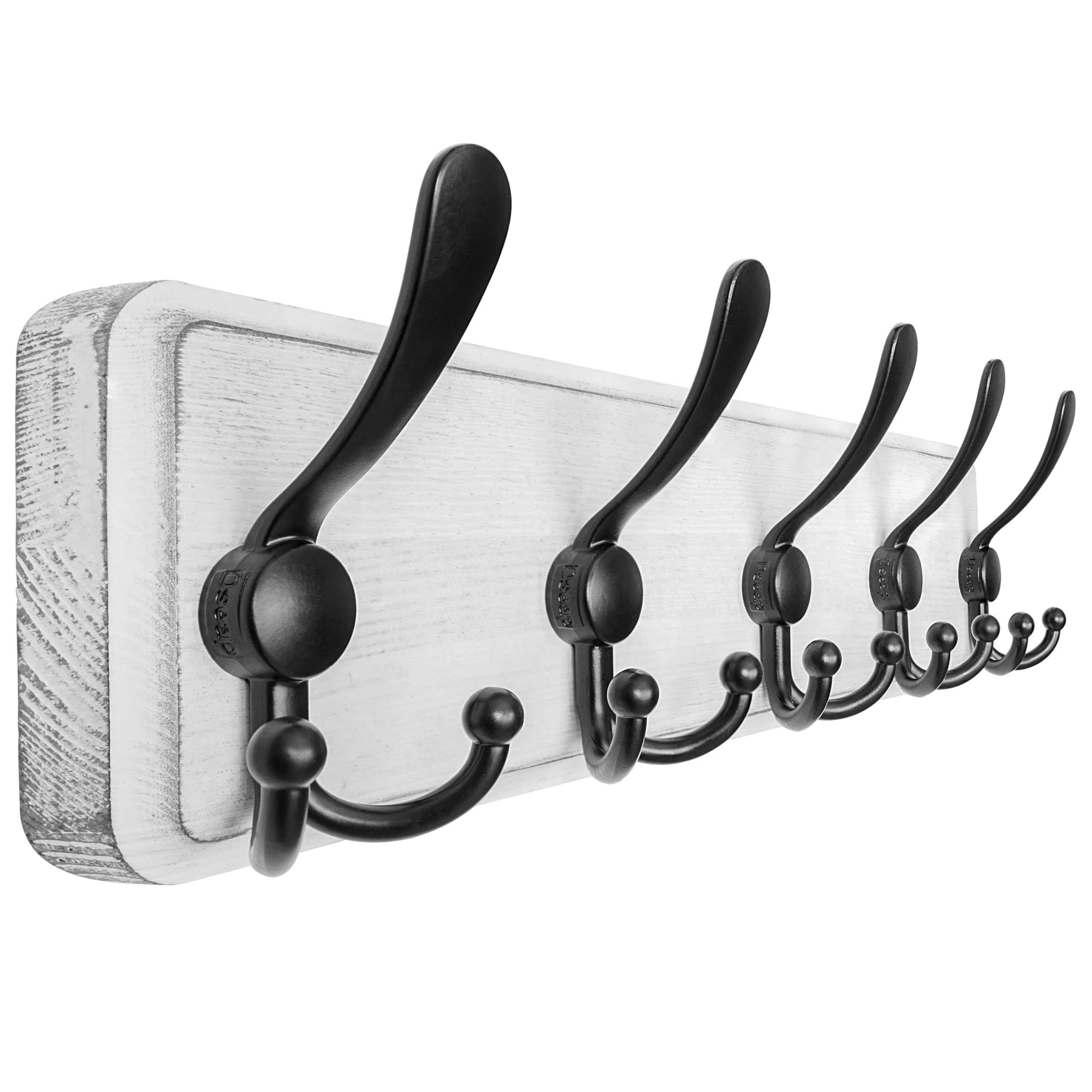 Dseap White & Black Coat Rack Wall Mount - Patented, Heavy-Duty, Shabby Chic Wooden Wall Coat Hanger Hook Rail With 5 Triple Hooks For Winter Coats Hat Jacket Clothing, Weathered