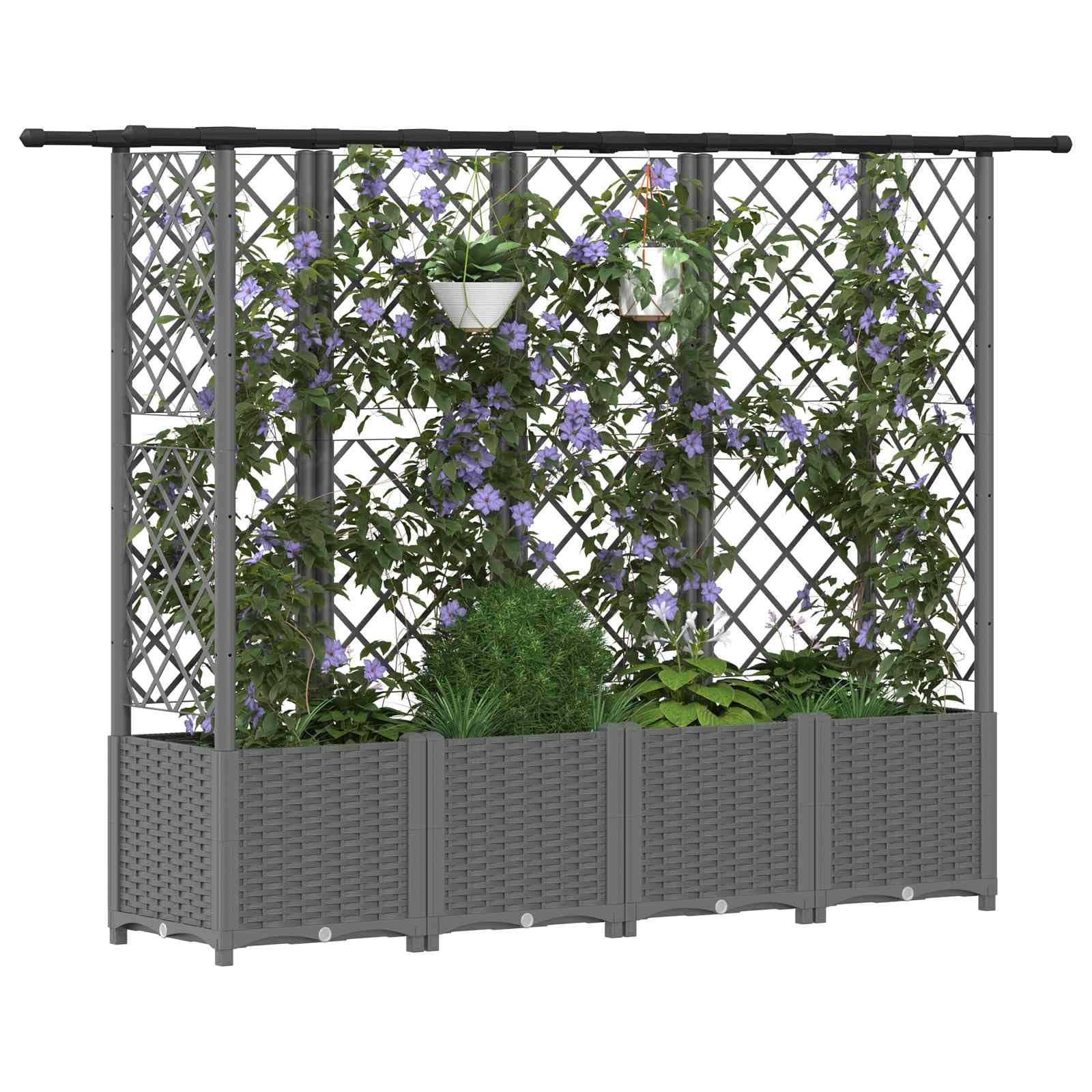 Aiuola rialzata con traliccio e tetto, grigio chiaro, 202 x 40 x 136 cm, in polipropilene | Fioriera flessibile per balcone e terrazza con aiuto per arrampicata integrato e pratico sistema di drenaggio.