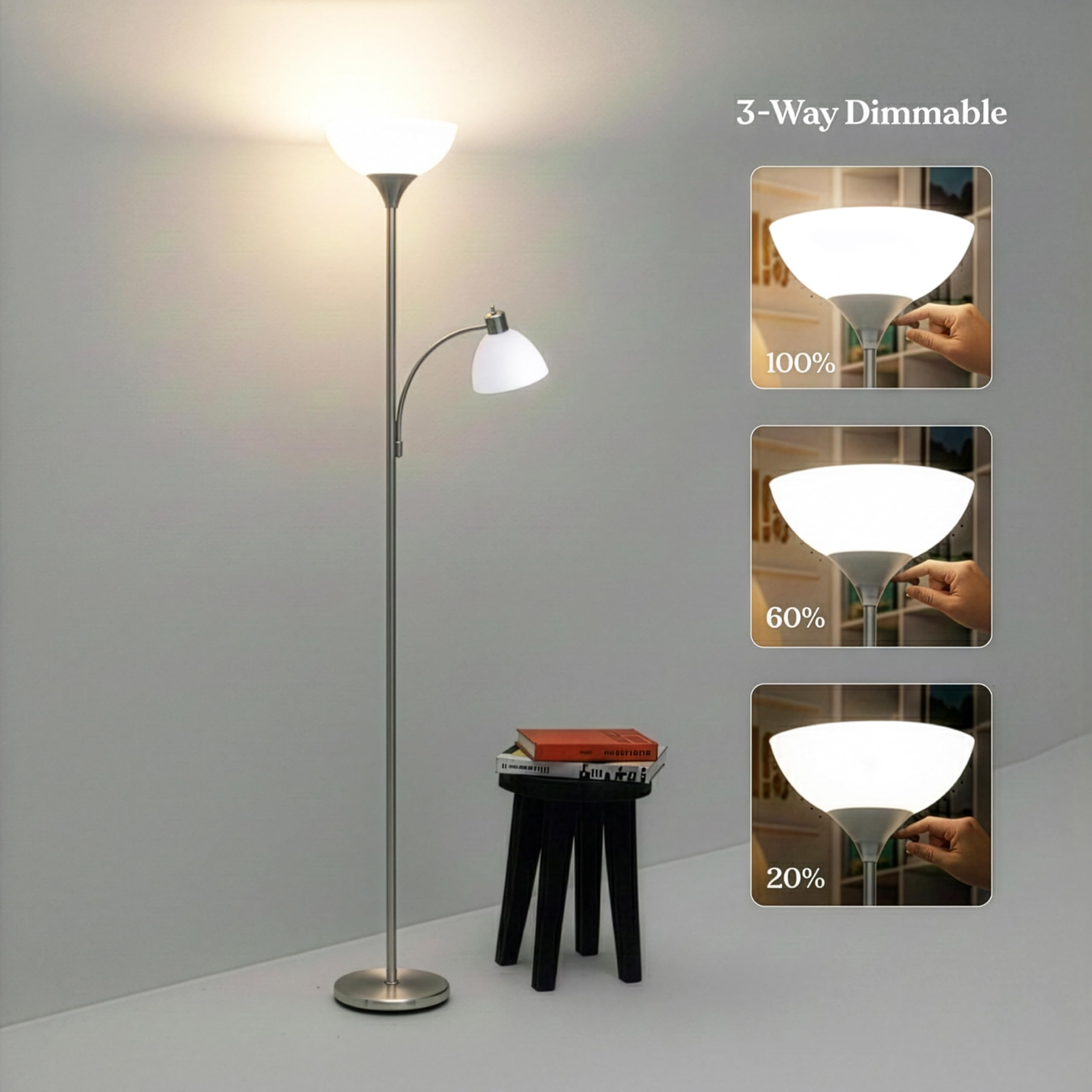 Brightech Sky Dome Plus - Super Bright LED Torchiere & Reading Floor Lamp - Dimmable Modern Standing Pole Lamp for Office, Living Room – Tall Mother-Daughter Lights for Bedroom Night Lighting – Silver