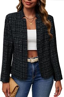 2025 Winter Women's Tweed Plaid Blazer Jacket - Warm Open Front Stand Collar Fully Lined Casual Fashion Work Coat