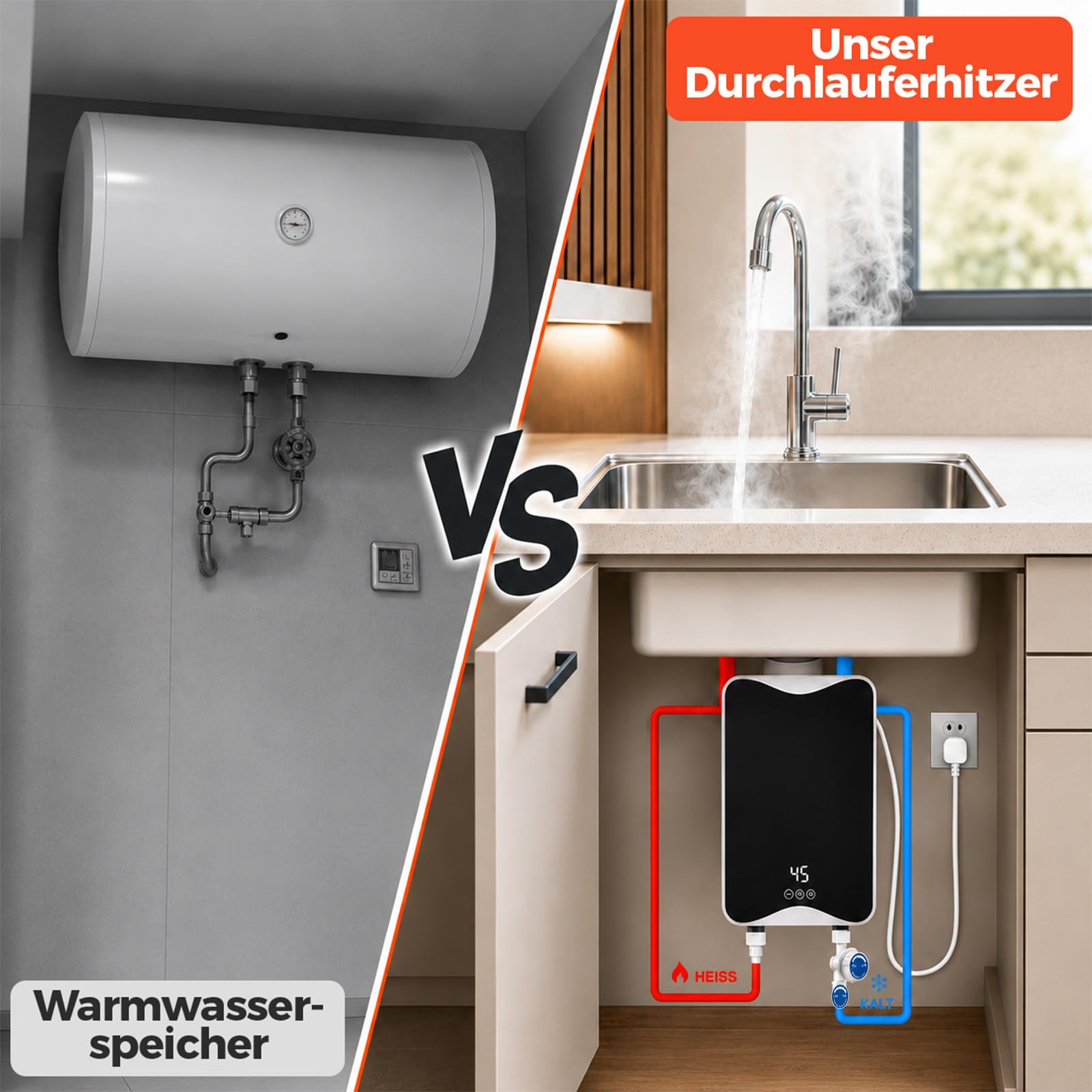 Elektrischer Durchlauferhitzer 5500 W 230 V, Mini Durchlauferhitzer mit LED-Temperaturanzeige, Einstellbar 20-55 °C, IPX4 Wasserdicht, Elektrischer Warmwasserbereiter für Dusche, Küche, Waschbecken
