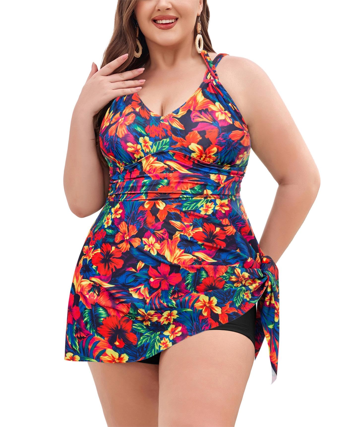 Hanna NikoleWomen Tummy Control Tankini Plus Size Push Up Halterneck Swimsuit Irregular Hem Swimwear Two-Piece with Shorts
