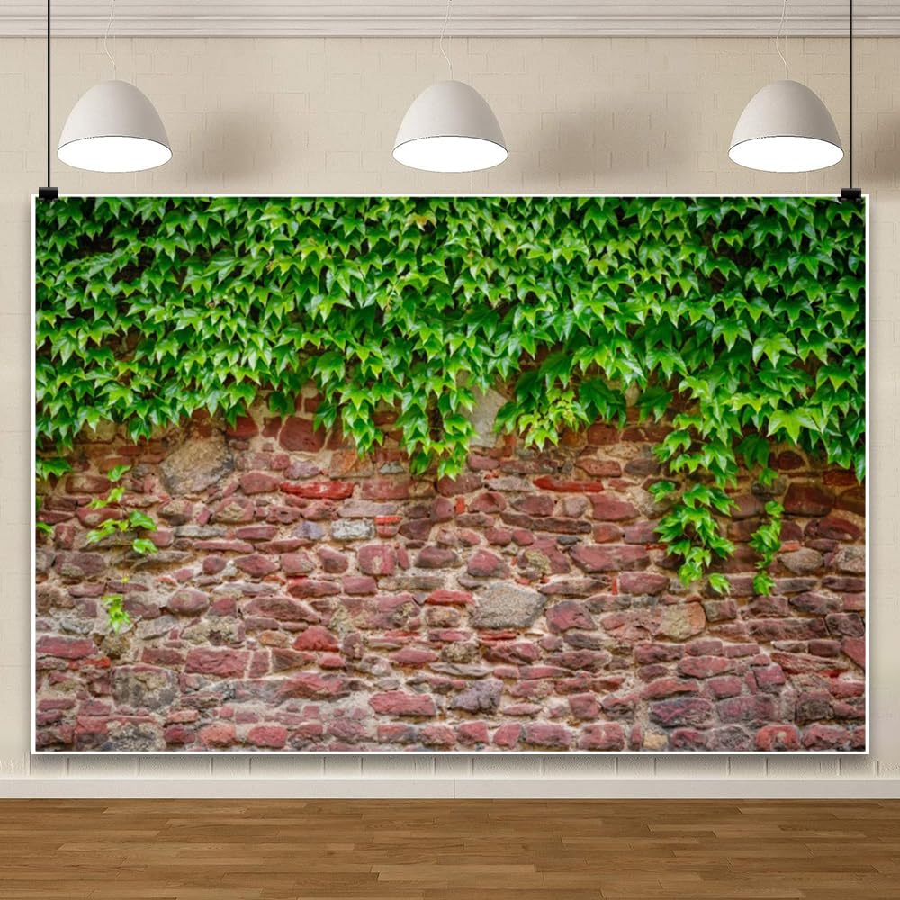 ChloropLastid 10x8ft Rustic Rock Brick Wall Backdrop Retro Stone Wall with Green Leaves Vine Photography Background Wedding Birthday Party Decor