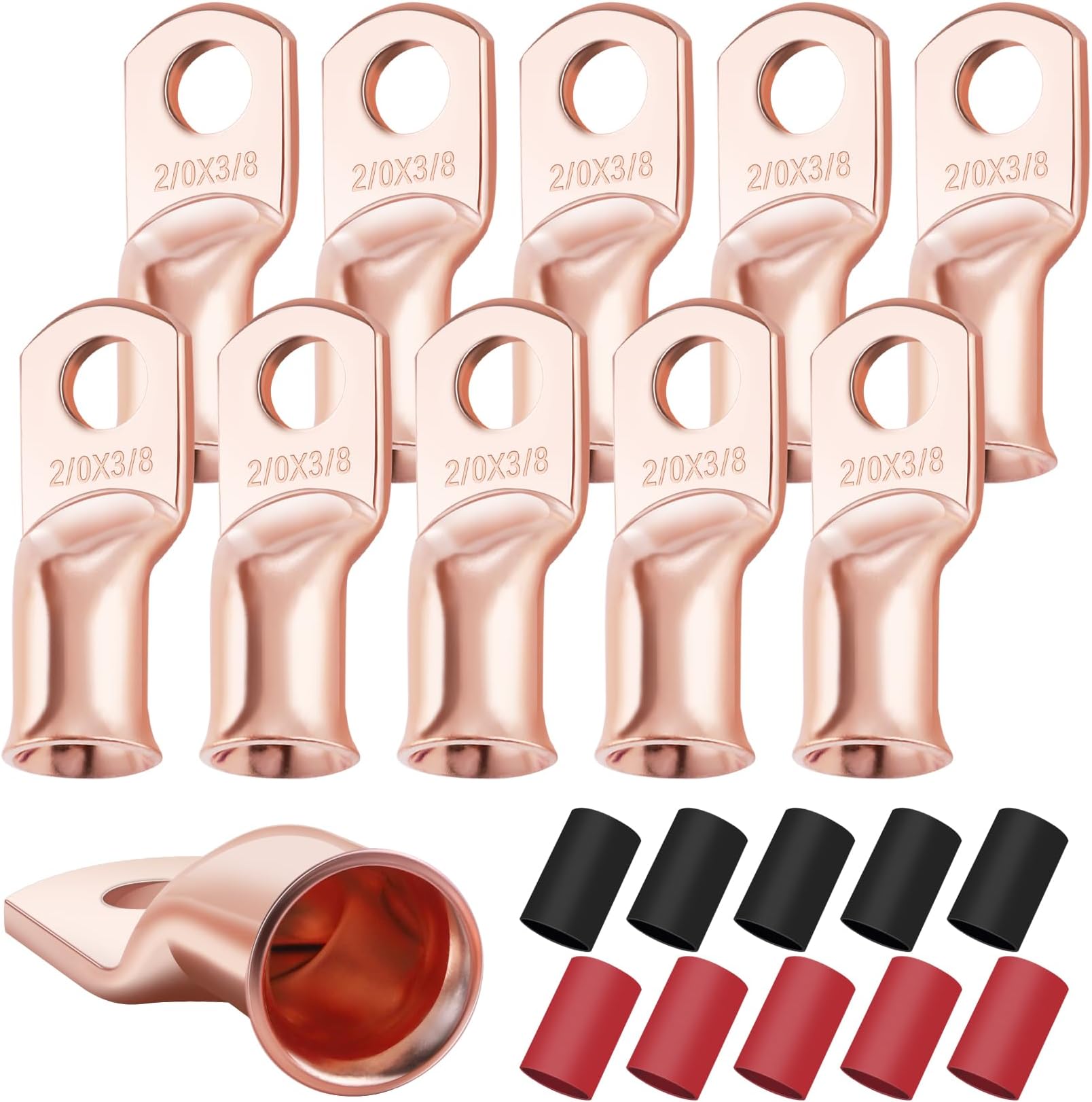 XHF 10pcs 2/0 awg-3/8 Heavy Duty Battery Terminals with 3:1 Heat Shrink Tube, Ring Terminals, Battery Cable Ends, Copper Eyelets, Electric Battery Connectors