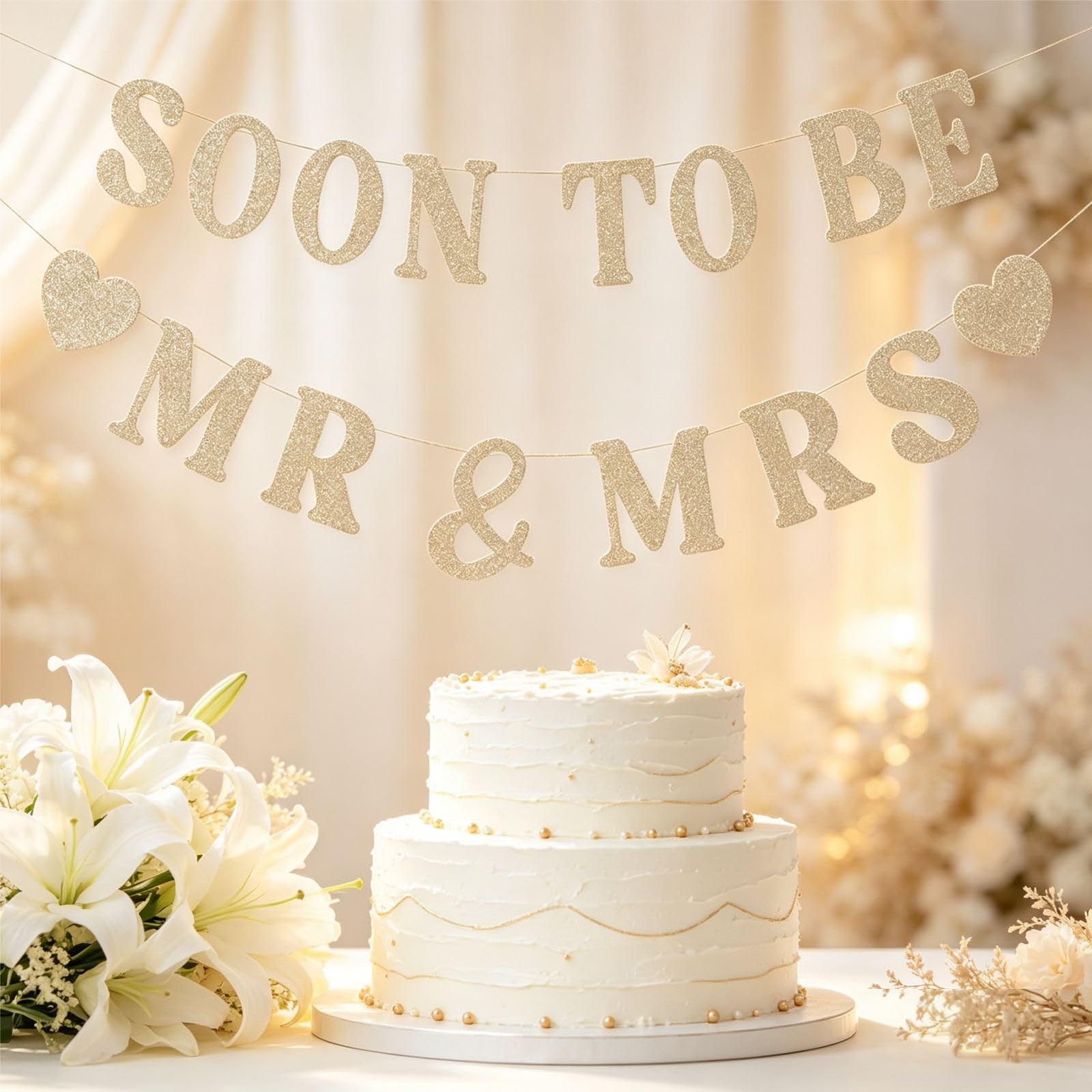 Soon To Be Mr & Mrs Banner, Pre-Strung Bridal Shower Decorations Gold Glitter Hanging Sign for Wedding Bachelorette Engagement Party Just Married Decorations Supplies