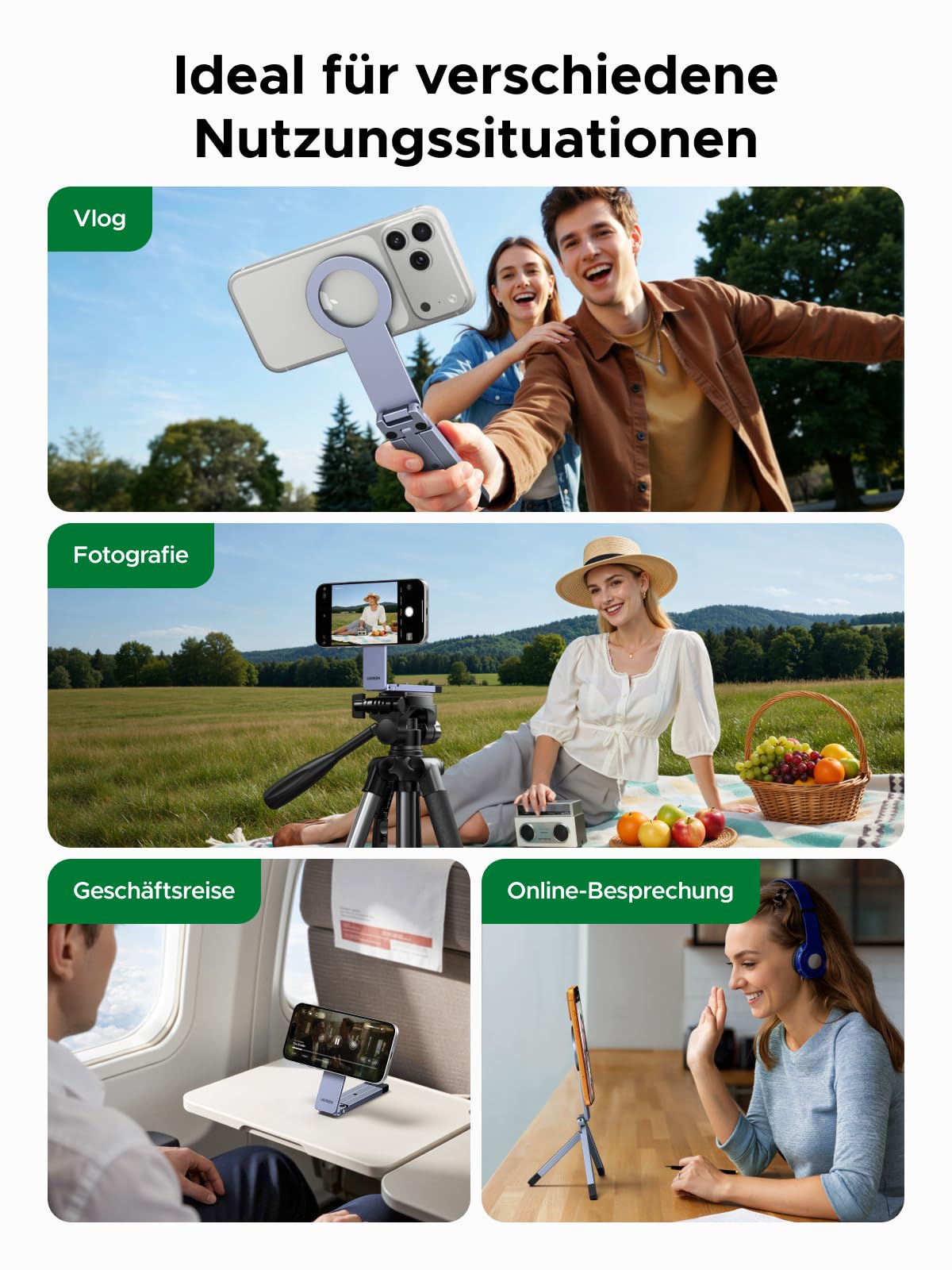 UGREEN Magnetisches Handy Stativ, Aluminium Magsafe Stativ, Mit 1/4"-20 Gewindebohrung, Multifunktionaler Tragbarer Selfie-Stick Kompatibel mit iPhone 17 16 15 14 13 12 Sumsung und Magsafe Hülle