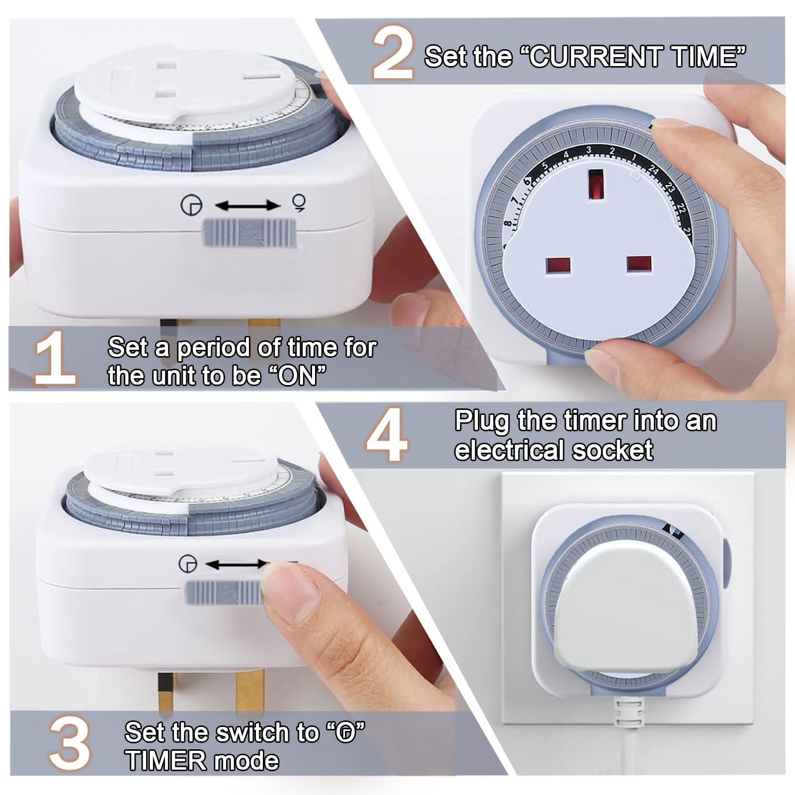 OHVBAEON 3PCS Mechanical Timer Socket Switch Energy Saving Compact UK Timers Plug Socket 24 Hour Energy Saving Compact UK Plug for Indoor Lights Lamp - Image 4