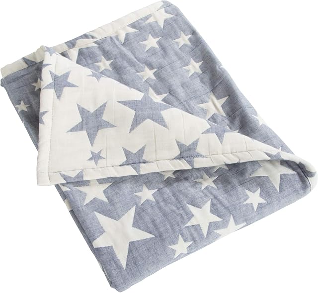 NTBAY 3 Layer Baby Muslin Cotton Toddler Blanket, 76x102 cm Jacquard Reversible Nursery Bed Blanket, Super Soft and Thermal Cot Bed Blanket for All Seasons, Baby Gift, 76x102 cm, Blue White Star