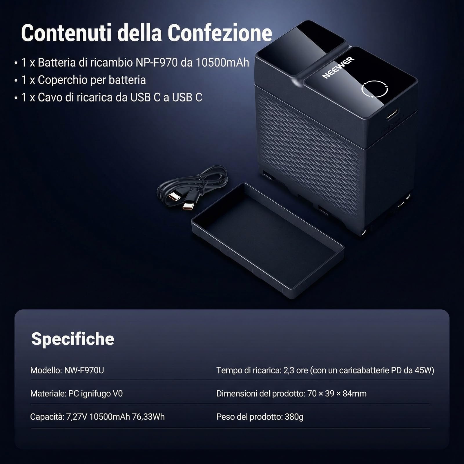 NEEWER Batteria Ricambio NP-F970 10500mAh, Ricarica Rapida PD 45W, Carica Completa 2,3H, OLED/USB A/C, per Fotocamere Monitor Compatibile con Sony FX3 FX30 A7IV A7SIII Canon R5 R6 Nikon Z8, NW-F970U
