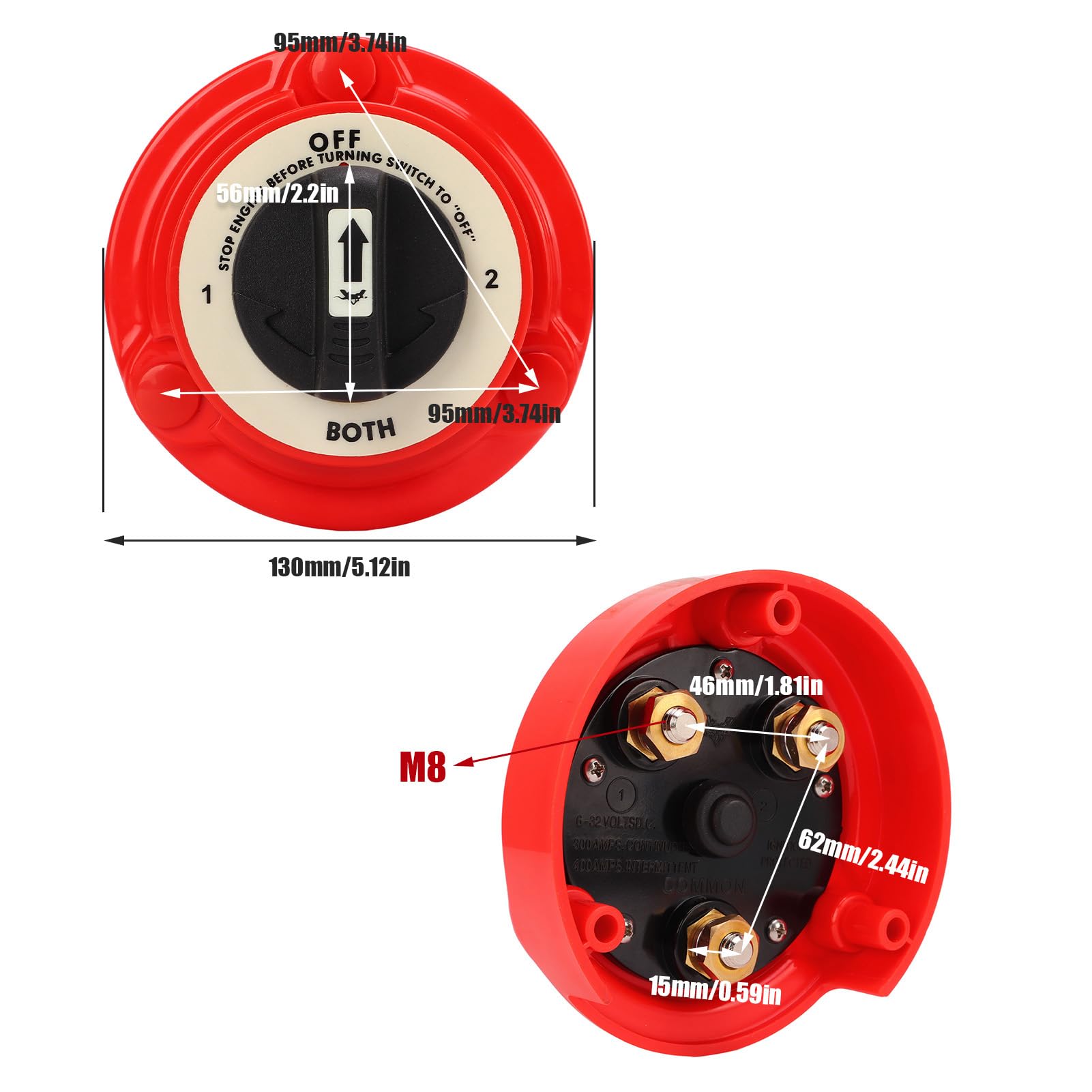Selettore Doppia Batteria 300A 4 Posizioni DC6-32V Spegnimento per Camion per Imbarcazioni Marine con Borchie in Rame Placcato