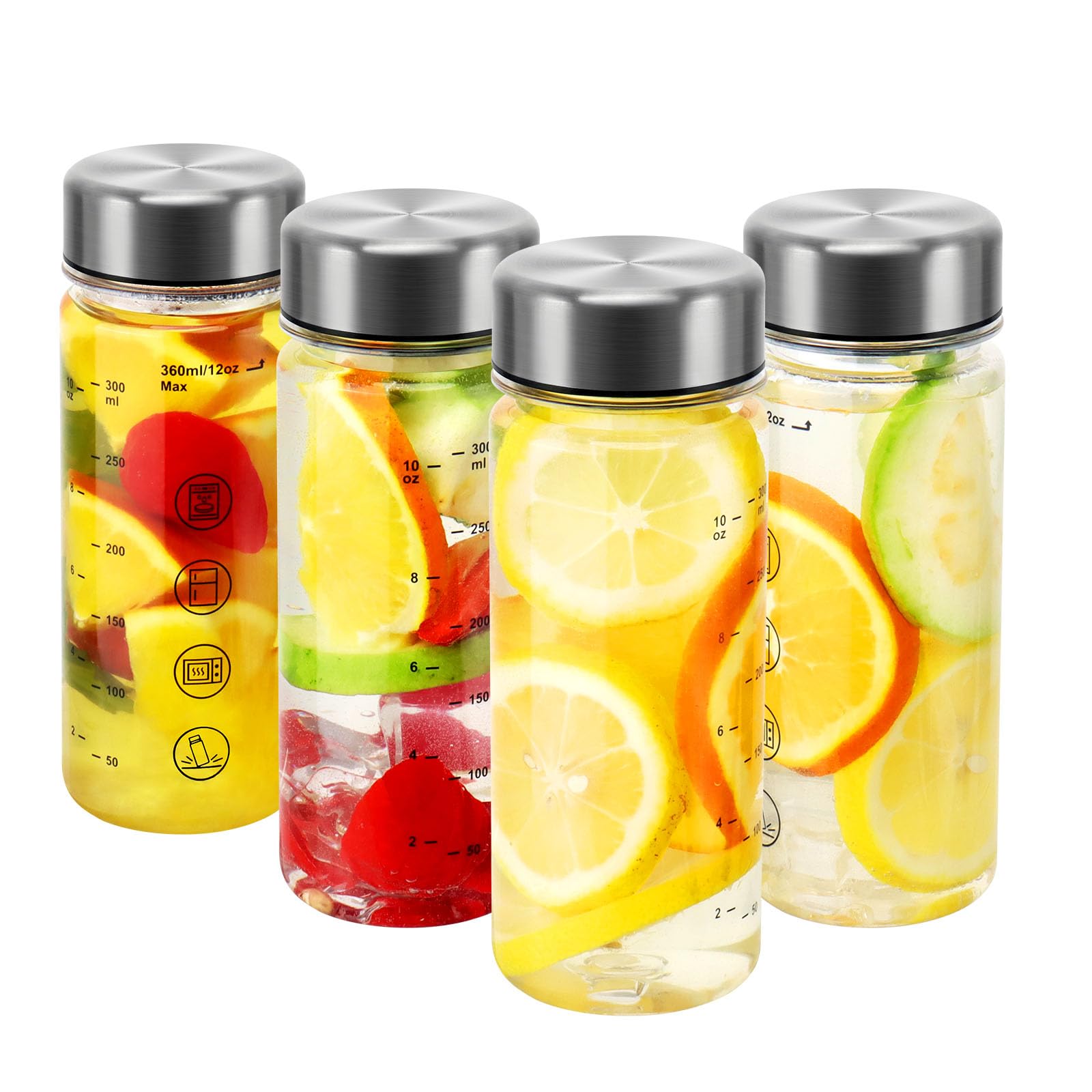 4-Pack 12oz Wide Mouth Glass Juice Bottles With Stainless Steel Lids - Reusable, Leakproof, BPA-Free