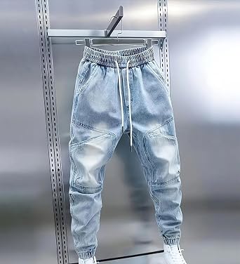 Men's Stretchy Drawstring Jeans Elastic Waist Slim Fit Denim Pants Tapered Regular Washed Jean Pant