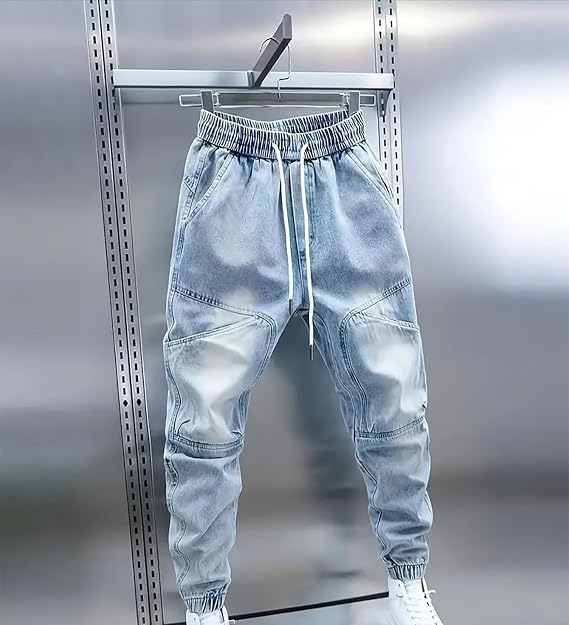 Men's Stretchy Drawstring Jeans Elastic Waist Slim Fit Denim Pants Tapered Regular Washed Jean Pant