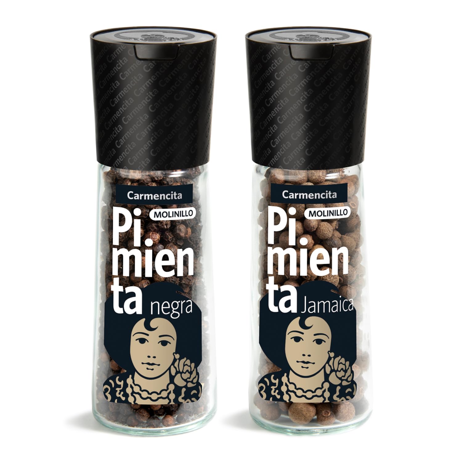 CARMENCITA - Pack 6 Molinillos Pimientas | Pimienta Negra | Pimienta de Jamaica | Pimienta Blanca | Pimienta Negra y Limón | Pimienta Verde | Mix Pimientas | Especias recién molidas para tus comidas