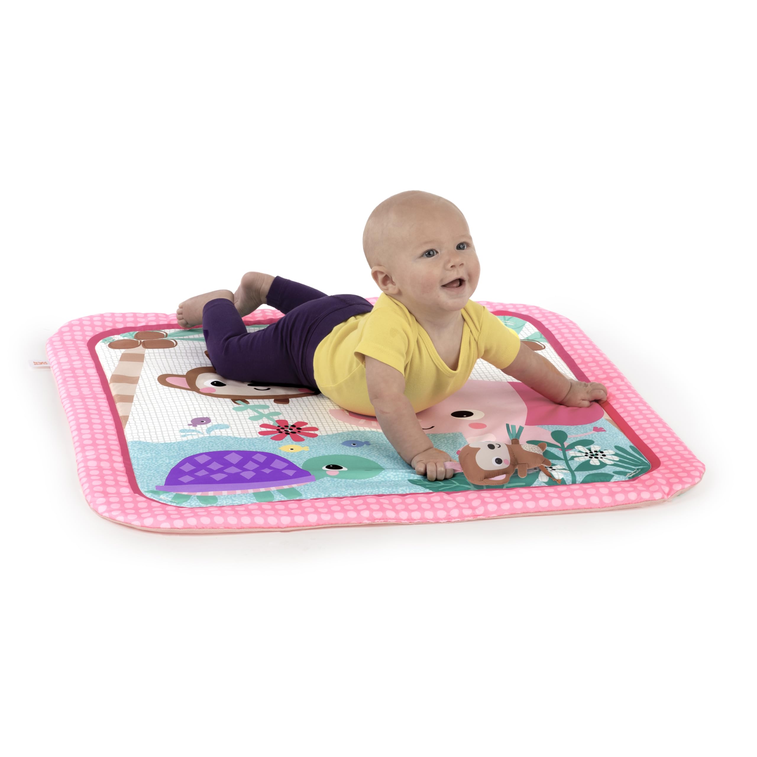 Bright Starts Kwiatowy Safari Baby Activity Gym Można prać w pralce mata do zabawy z 4 zabawkami, noworodek i więcej - różowy i fioletowy, 80 x 80 x 45 cm