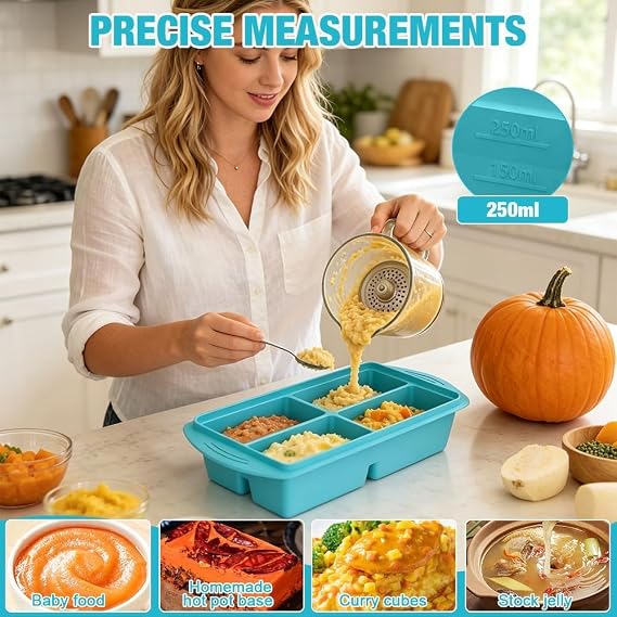 2 Pack Souper Cubes Silicone Freezer Tray, 1000ML Soup Freezer Containers with Lid, 4-Compartment Silicone Freezer Moulds, Makes 8 Perfect 1 Cup portions Cubes, for Meal Prep, Soup (Type1-Cool Green)