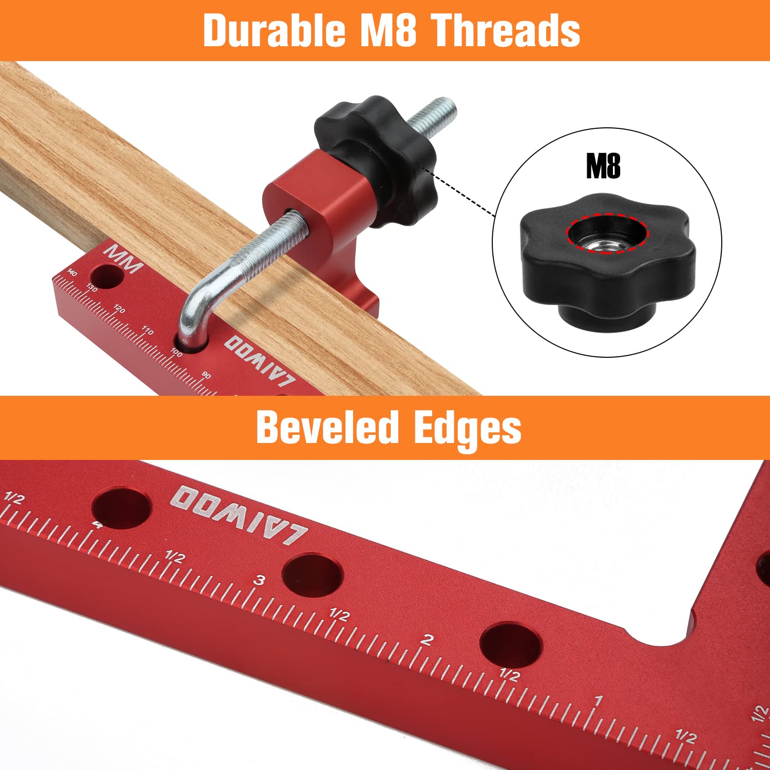 LAIWOO 90 Grad Winkel Klemme Positionierwinkel 140mm/5,5 Zoll, 4 Paare Befestigungsclips, Messwinkel Rechtwinklige Klemme für Zimmermannswerkzeug, Winkelspanner für Bilderrahmen Regalschränke (Rot)