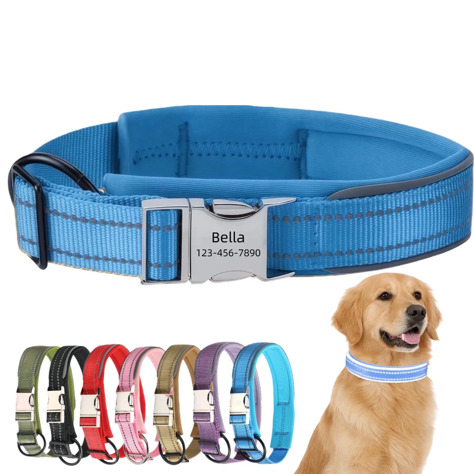 Personalised Dog Collar with Custom Engraved Name Plate Reflective Collar with Quick Release Metal Buckle Adjustable Waterproof Soft Padded Nylon for Large Dogs (Blue, L) — image 1
