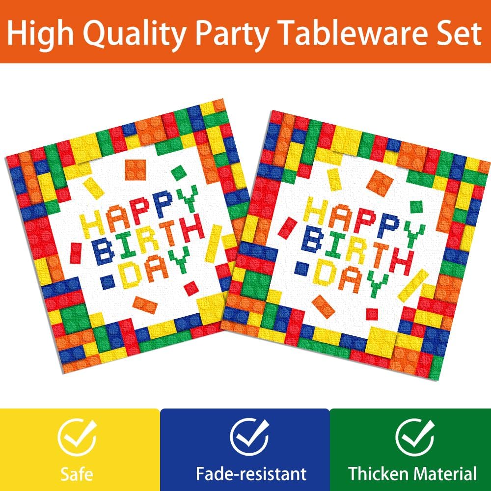 170pcs Building Block Plates Napkins Birthday Party Supplies Colorful Building Block Party Decorations Banner Tablecloth Cups Party Tableware Set Boys Kid’s Serve 24