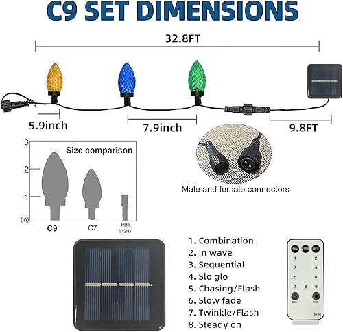 Miniatura 3 de Anycosy Luces solares de Navidad, 32.8 pies, 50 luces LED C9 de Navidad con función de temporizador, enchufe impermeable y conectable para