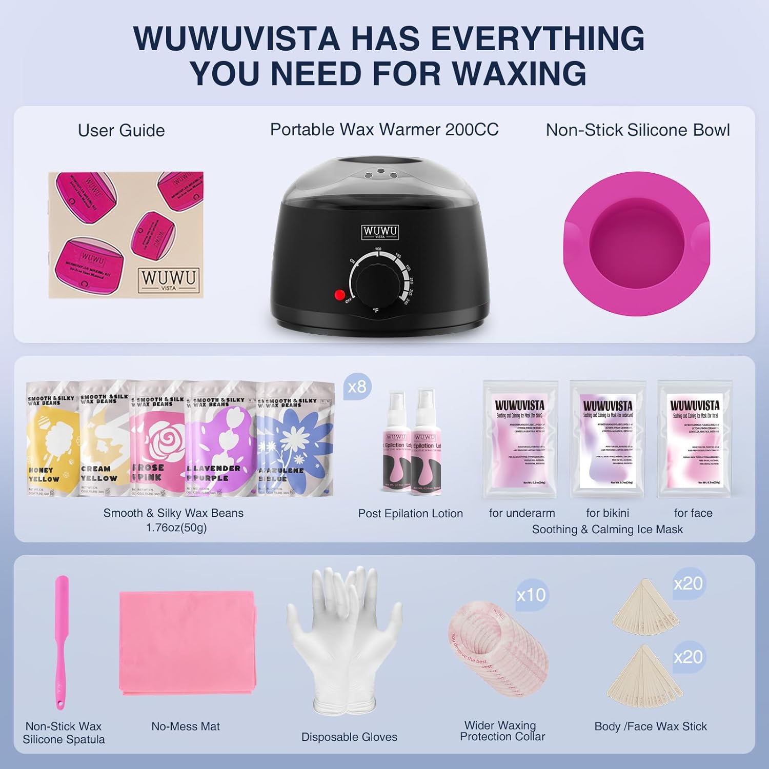 Waxing Kit, WUWUVISTA Hair Removal Hard Wax Kit with Wax Melt Warmer & Waxing Beads for Women & Men - Professional at home Wax Pot for Face/Brazilian/Full Body/Bikini/Sensitive Skin(Black, 69 items)