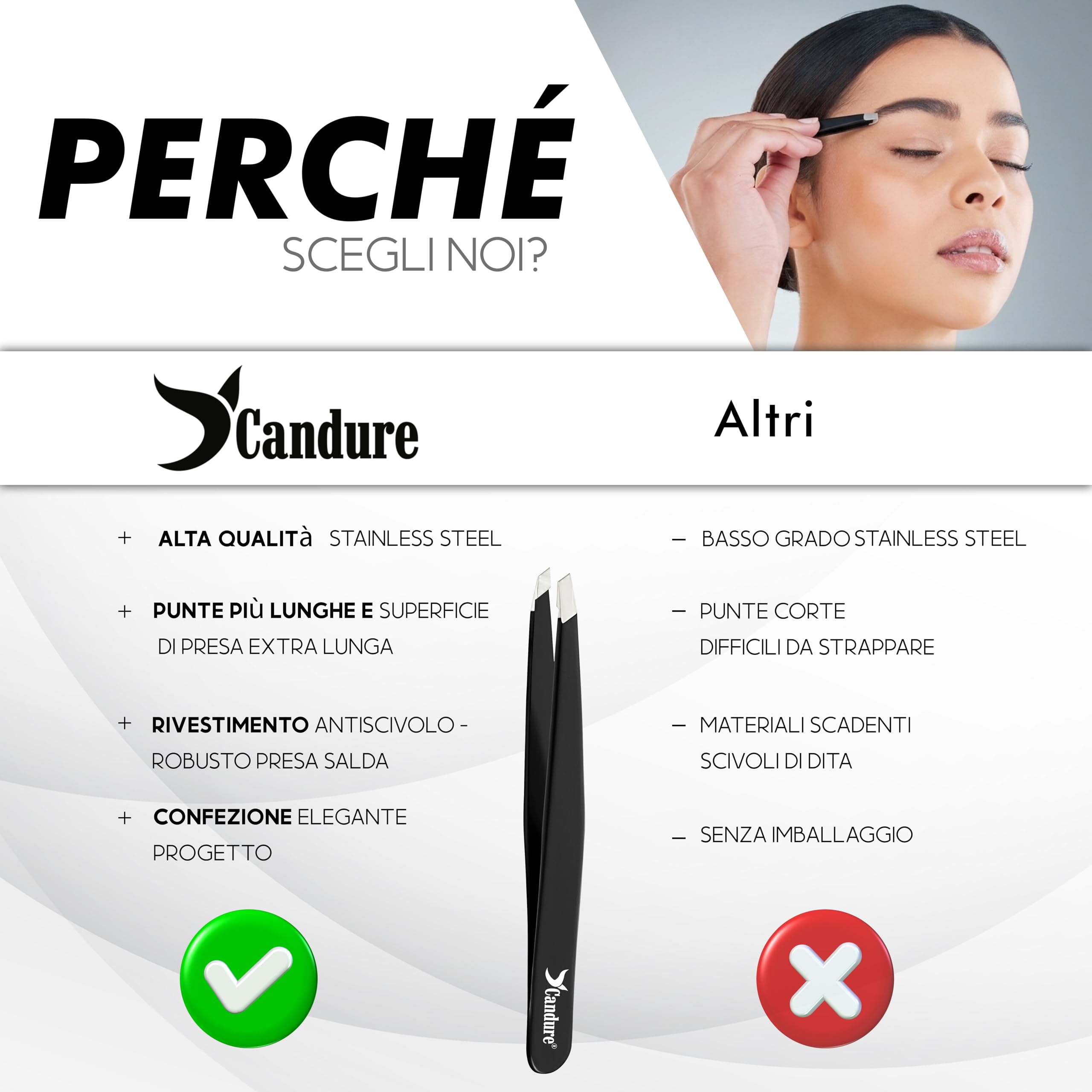 Candure Pinzette Sopracciglia Professionale Acciaio Inox Pinza Peli Incarniti Precisione Pinzetta per Tirare Antiscivolo Punta Obliqua Pinze per Uomini e Donne (Nero-1 Pezzo) - 5