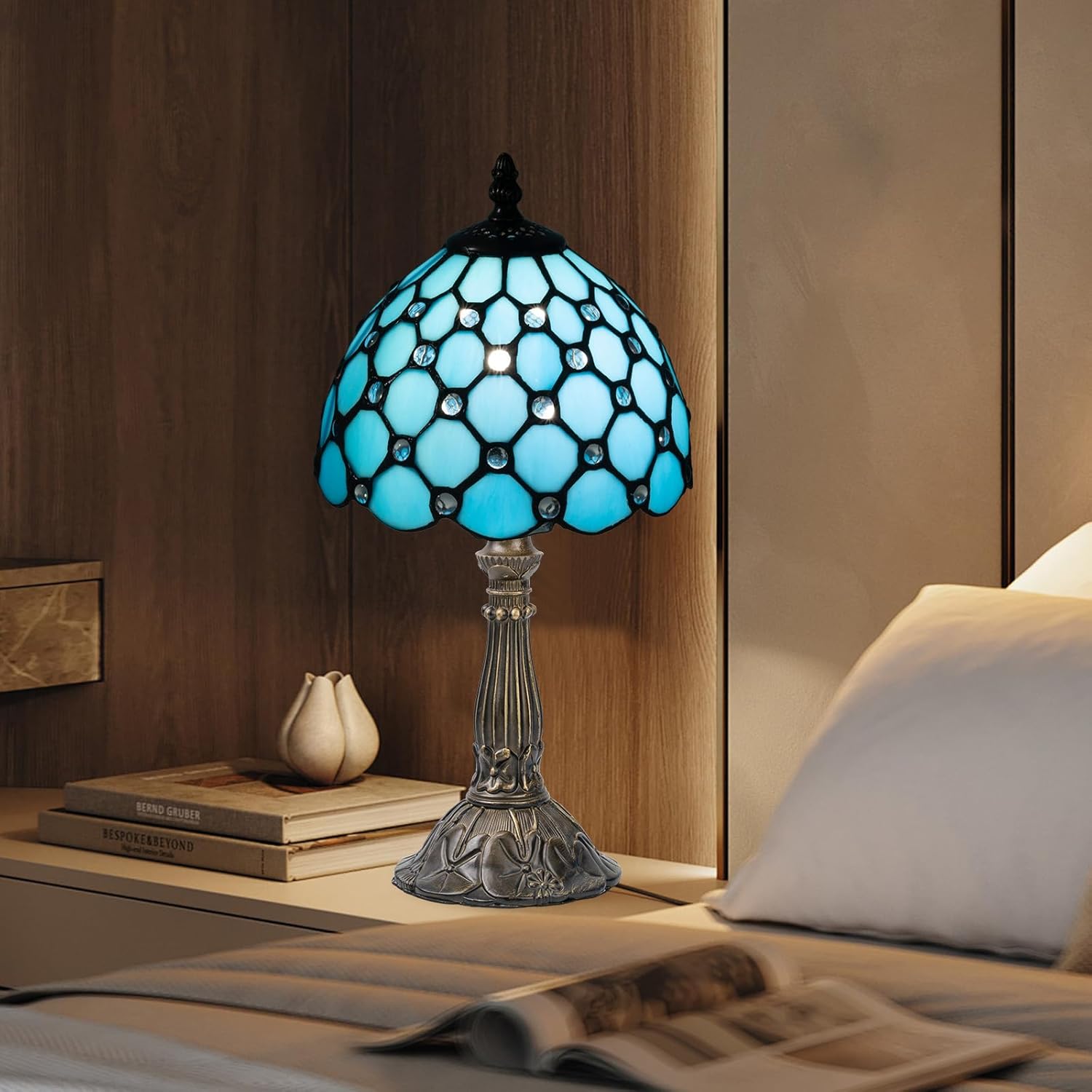 Tiffany Table Lamp,3 Color-Temperature Mediterranean Series Stained Glass Lamp,8 Inch Tiffany Style Lamp for Bedroom Living Room Home, Handcrafted Light, Included Bulb (Blue)