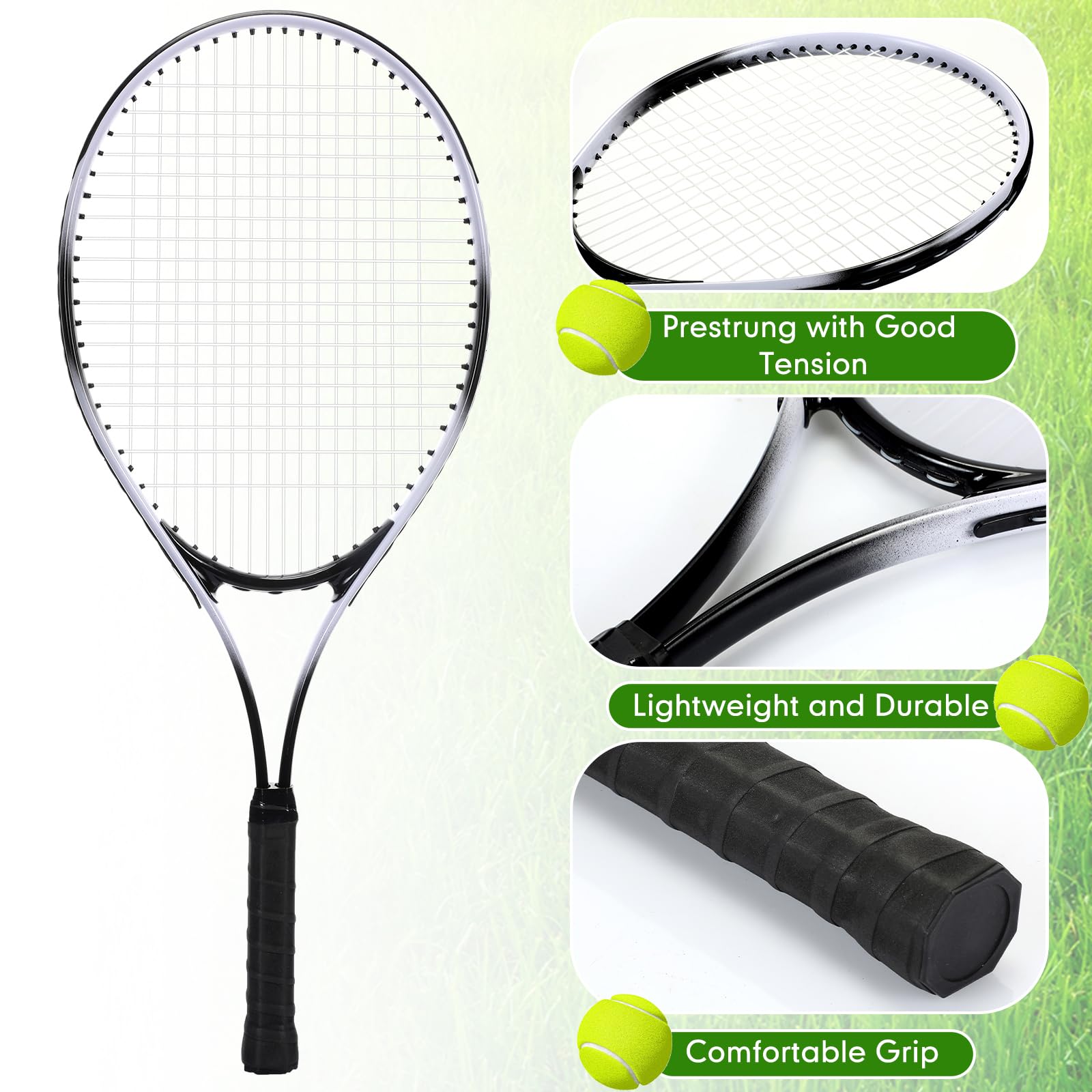 4 Pack Tennis Rackets for Adults Recreational 4 Players Pre Strung 27 Inch Tennis Racquets Lightweight Rackets Bulk with Balls Overgrips for Training