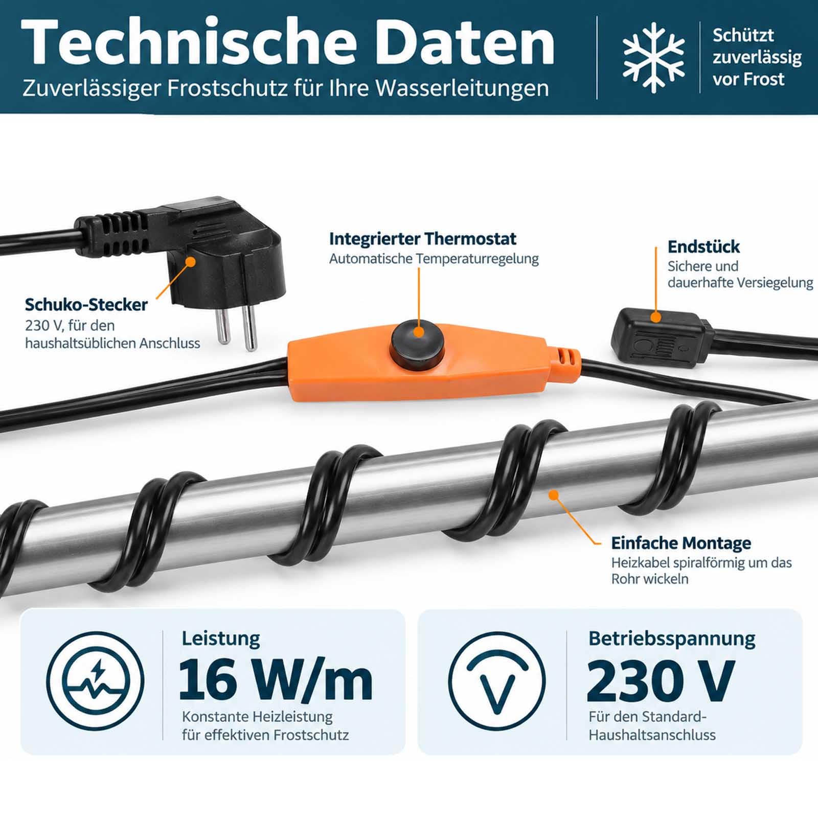 18M - Cable calefactor con termostato (16 W/m, 230 V, IP68)