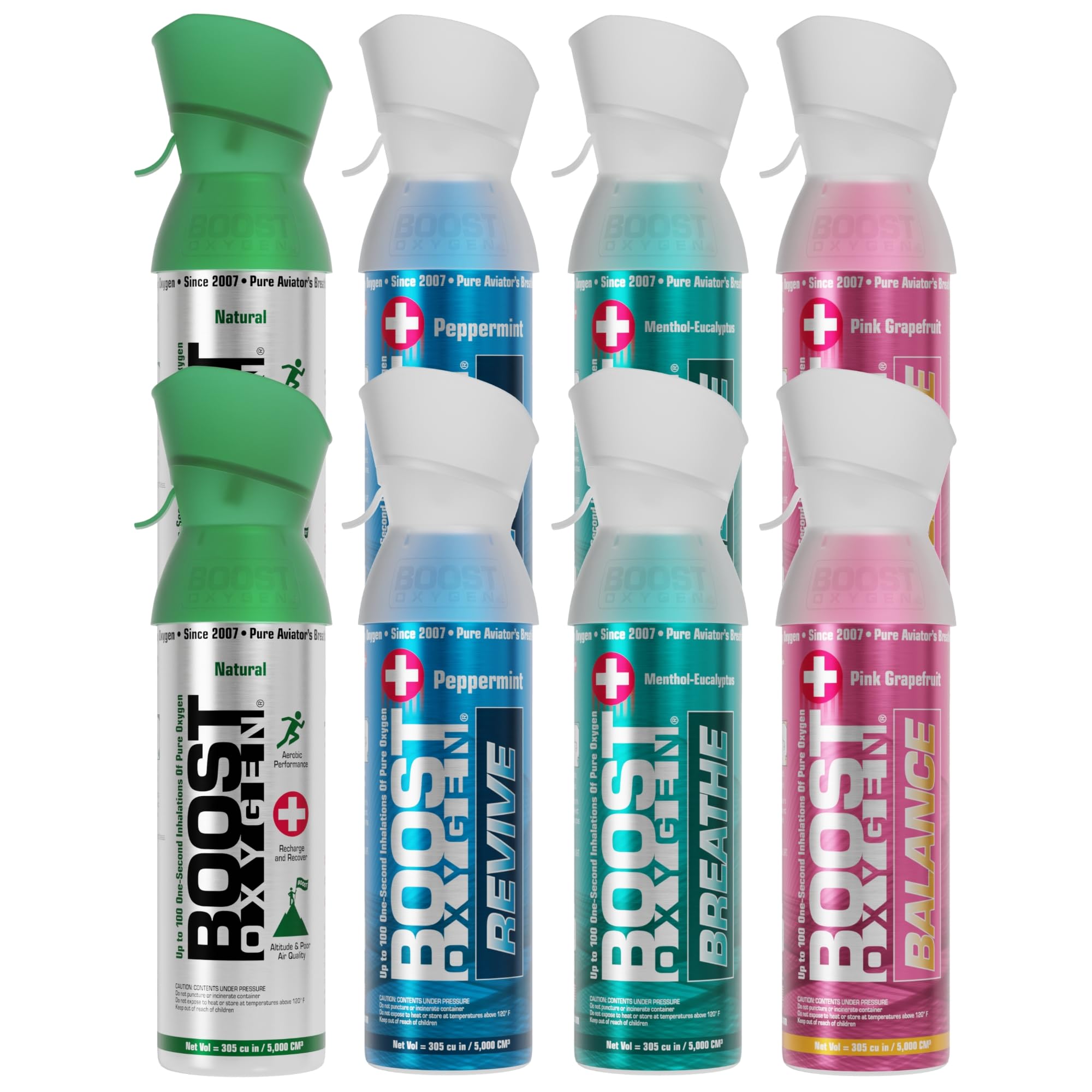 Boost Oxygen 5 Liter Canister for Respiratory Support Includes 2 Natural, 2 Peppermint, 2 Menthol Eucalyptus, and 2 Pink Grapefruit (8 Pack)