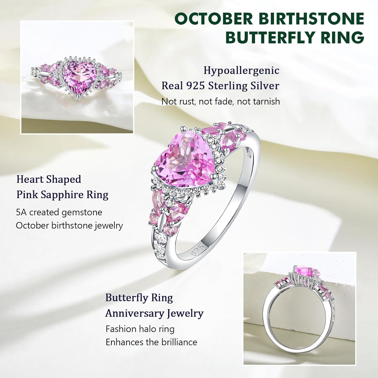 Sterling Silver Butterfly Birthstone Rings for Women, 3 Carat Created Gemstone Diamond Heart/Pear Engagement Halo Ring, Promise Rings for Her, Wedding Anniversary Jewerly Size 6 to 10 - Image 5