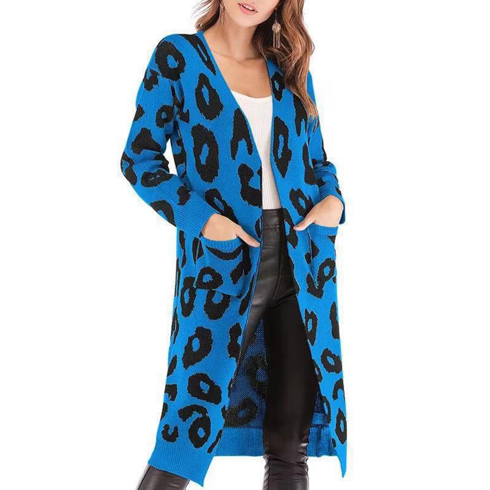 Strickjacken Damen Warm Leopard Langarm Lang Cardigan Offene Front