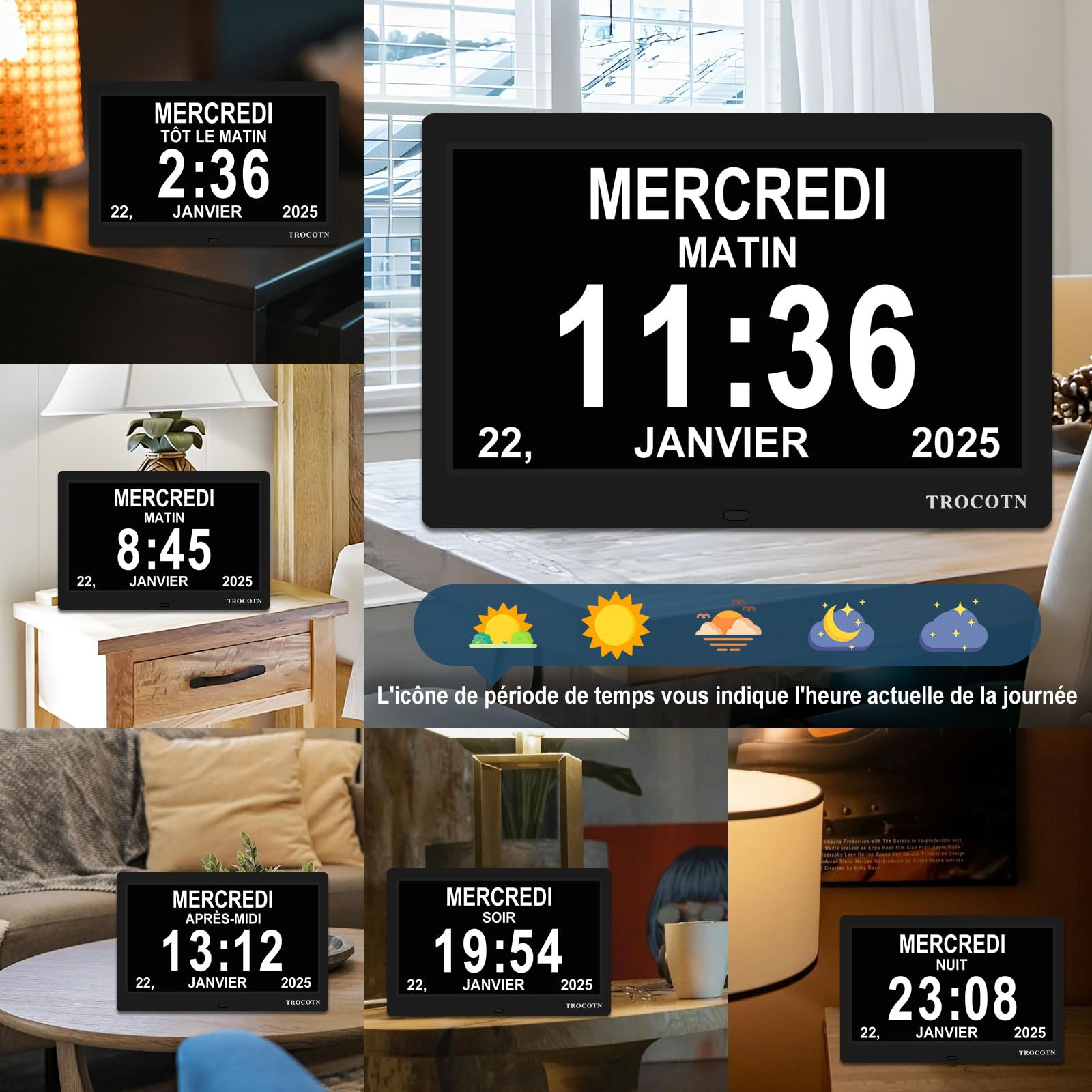 TROCOTN Horloge numérique Horloge de Jour Grand écran réveil Murale (Noir, 10 Pouces)