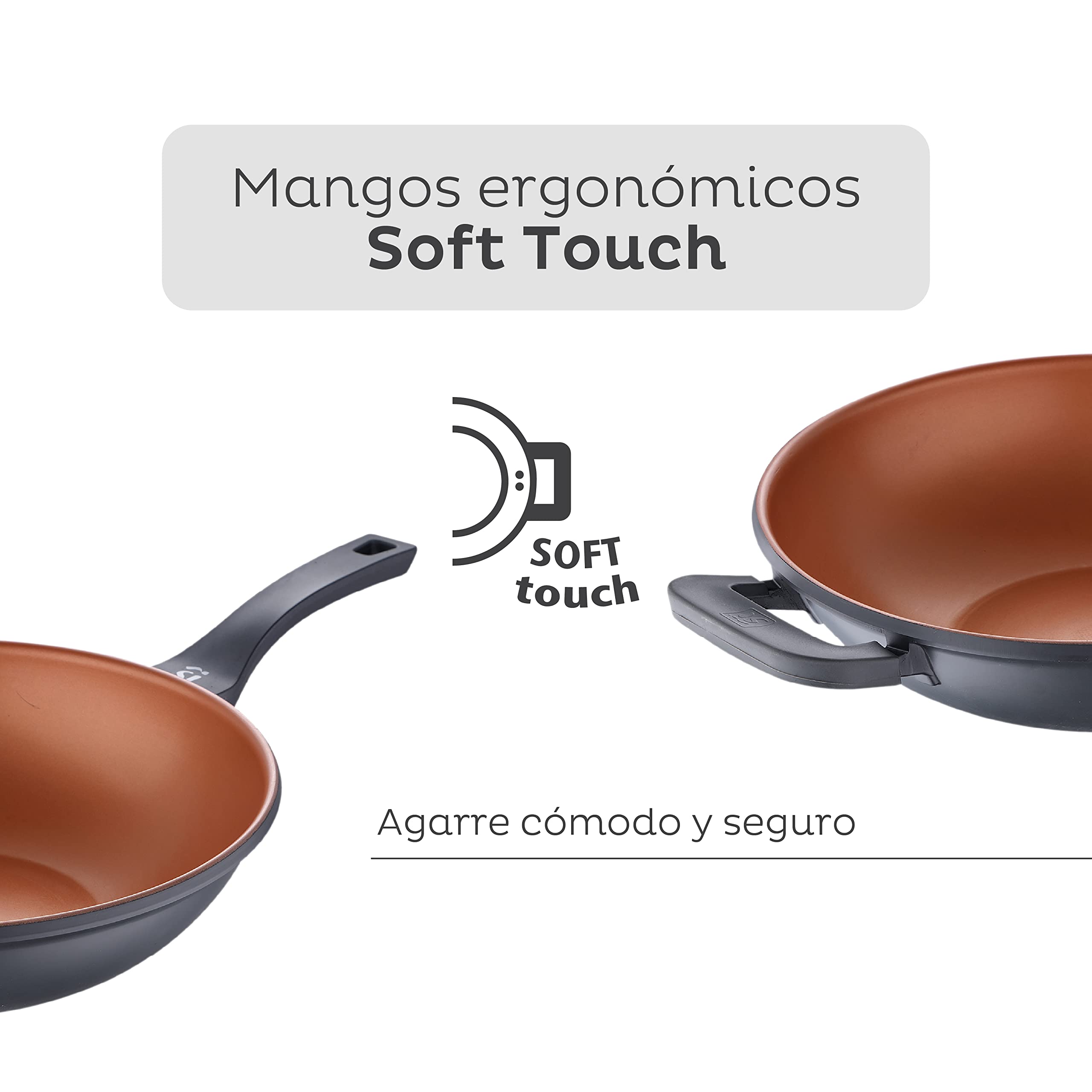 SAN IGNACIO Bronze - Wok de Cocina de 32 cm Antiadherente de Aluminio Fundido - Mango Soft Touch - Sin Tóxicos - Para Inducción, Vitroceramica y Todo Tipo de Cocinas