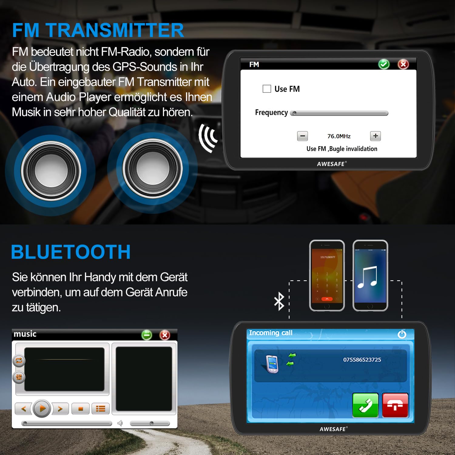 AWESAFE LKW Navi 9 Zoll Navigationsgerät mit Bluetooth 2023 GPS Navigation unterstützt lebenslang Kartenupdate