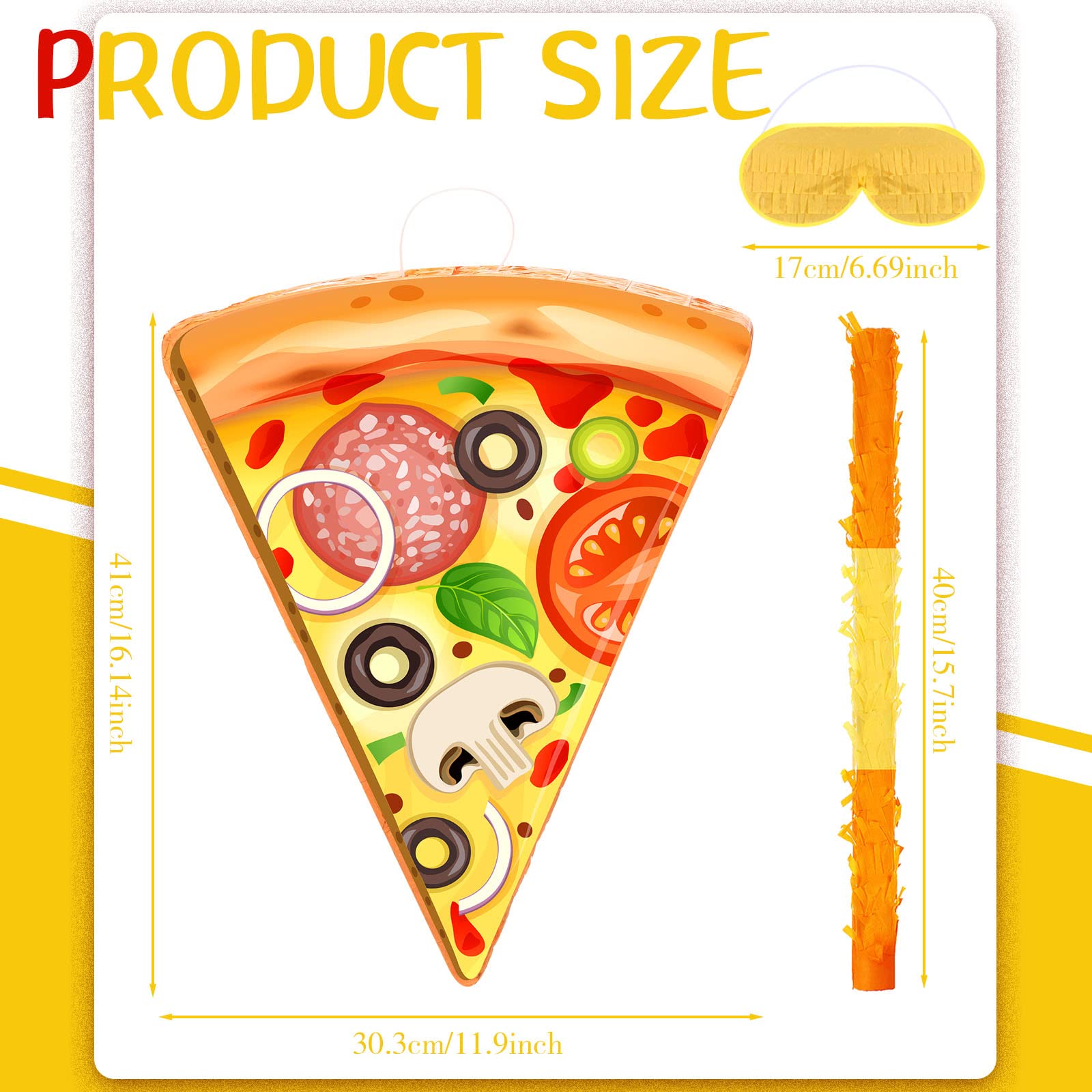 Pizza Piñata Pizza Slice Party Favor Includes Stick Blindfold Bat and Confetti Food Themed Birthday Party Decor for Cinco De Mayo Decor for Pizza Shower Themed Supplies, 16.1 x 13 x 3.2 Inches
