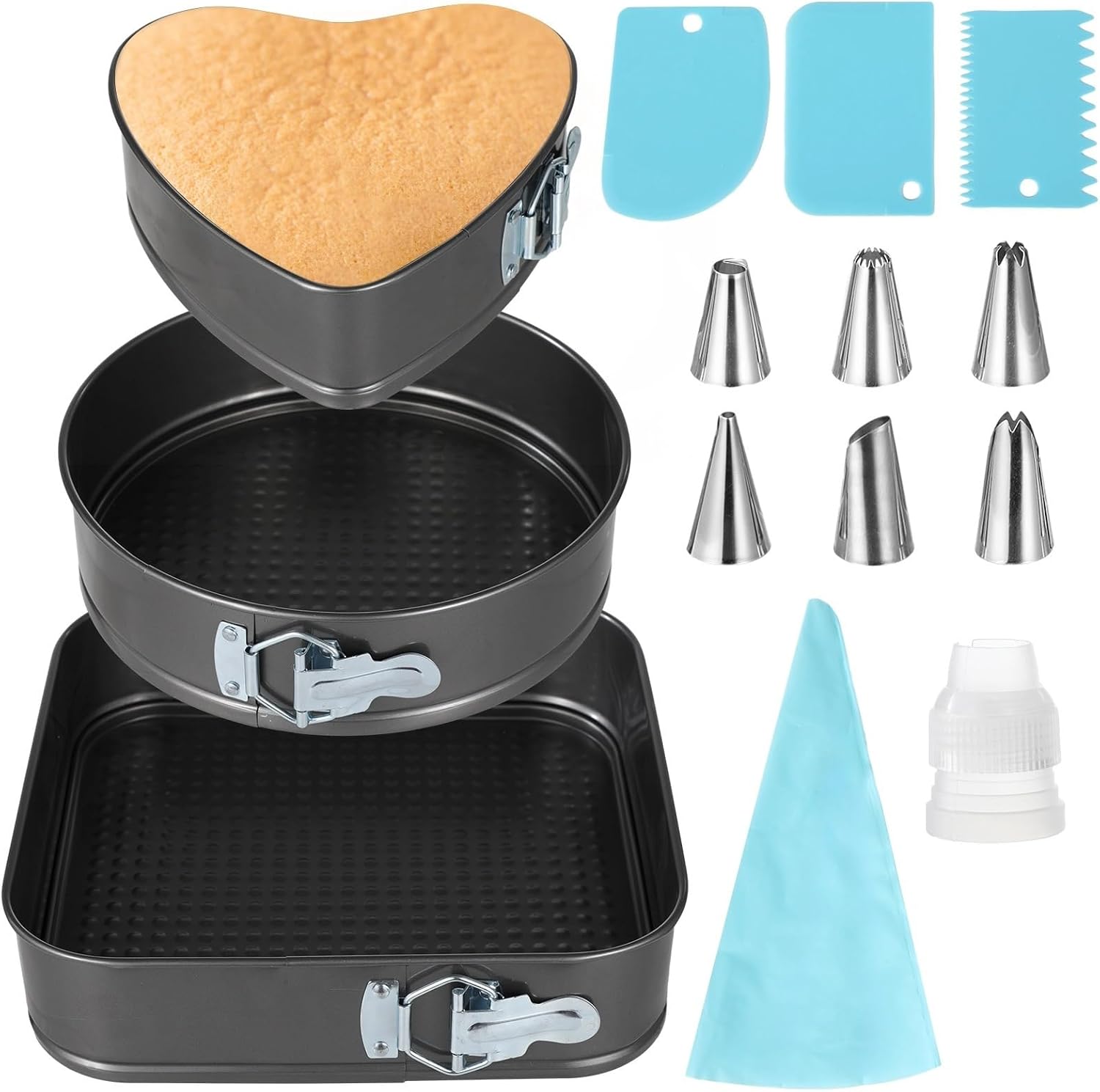 3-Piece Springform Cake Pan Set with Heart, Round, Square Shapes, Non-Stick, Leakproof, Piping Bag and Scrapers