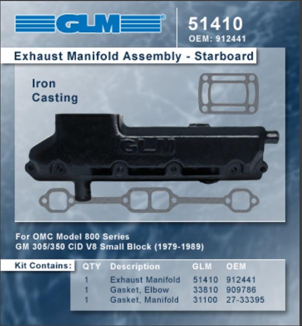 OMC V-8 EXHAUST MANIFOLD-STBD (GM) | GLM Part Number: 51410; OMC Part Number: 912441