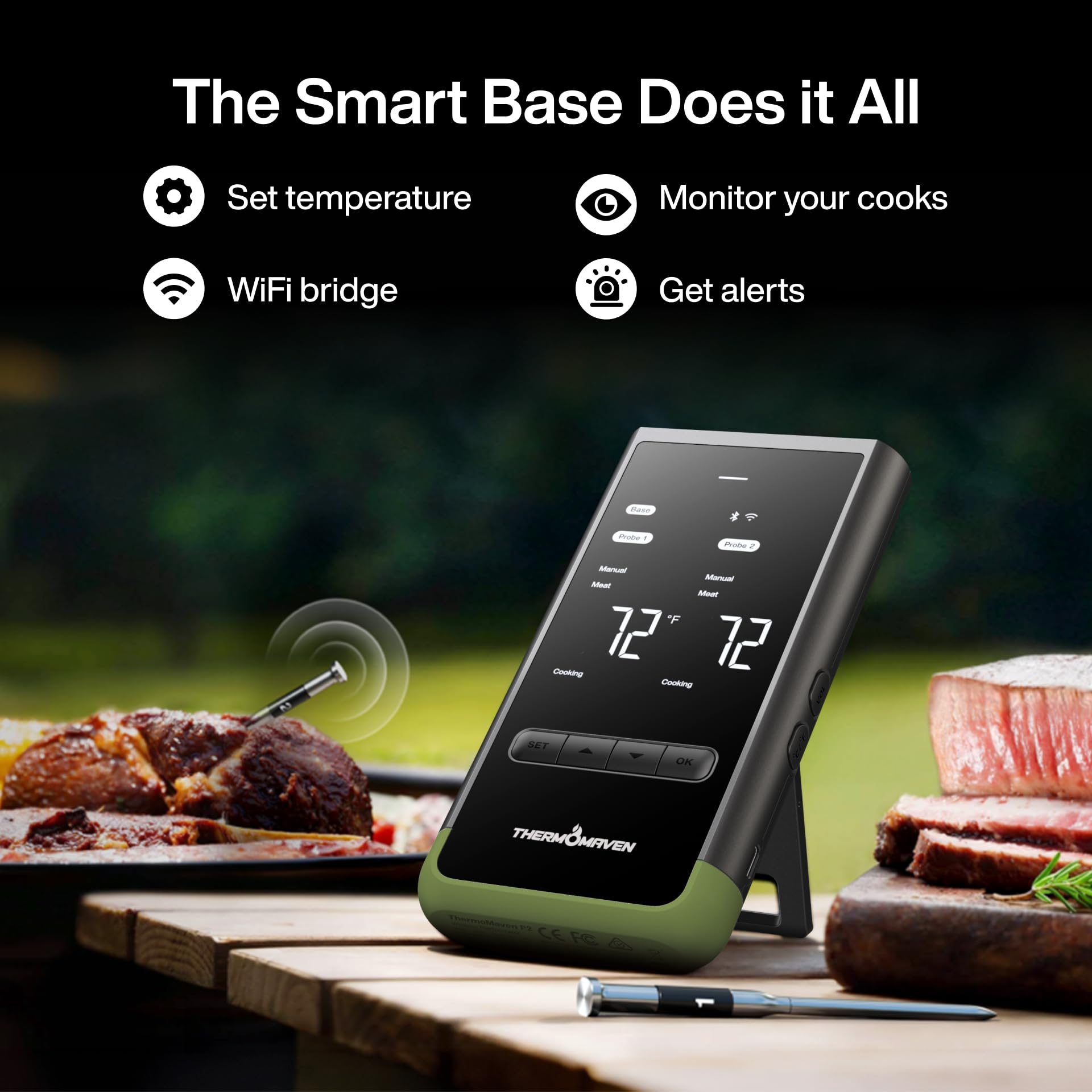 ThermoMaven Smart Bluetooth Wireless termometro per carne: base standalone, portata illimitata WiFi, 6 sensori con precisione certificata NIST, 2 sonde per cucina, barbecue, forno, affumicatore,