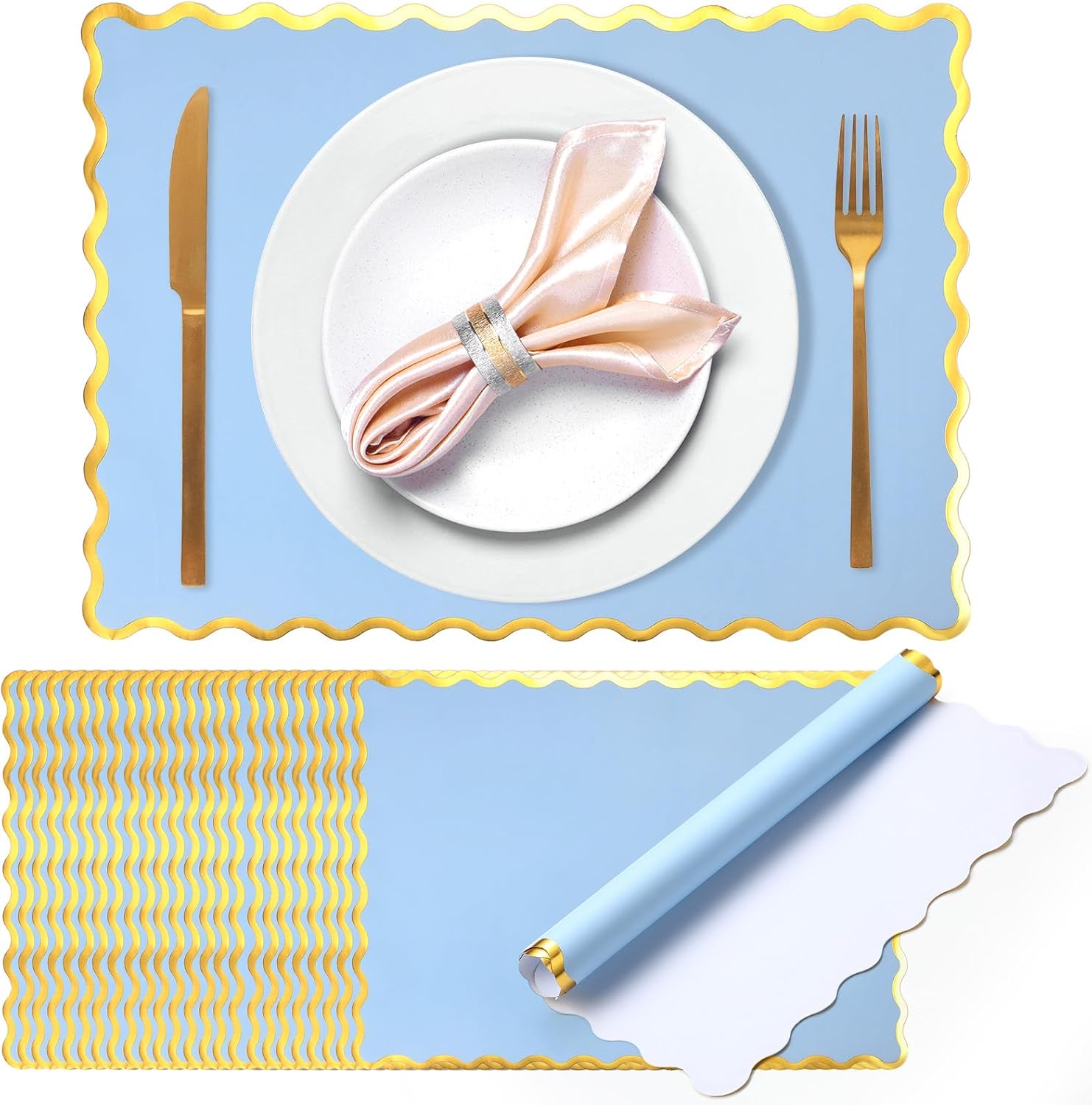 150 Pcs Disposable Paper Placemats Bulk 10"x14" Rectangle Place Mats with Scalloped Edges Dining Table Mat for Wedding Birthday Easter Party Table Decoration(Black)