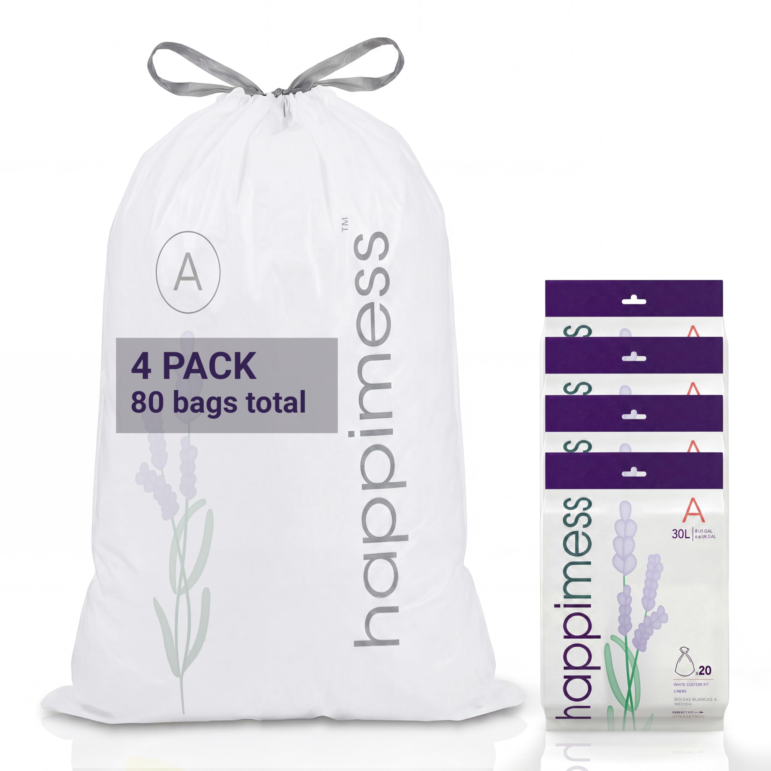 happimess Bolsas de basura con cordón de 8 galones (30 L), color blanco, forros de MDPE resistentes para cocina y hogar, control de olores, ajuste personalizado, 80 unidades (4 paquetes de 20 forros