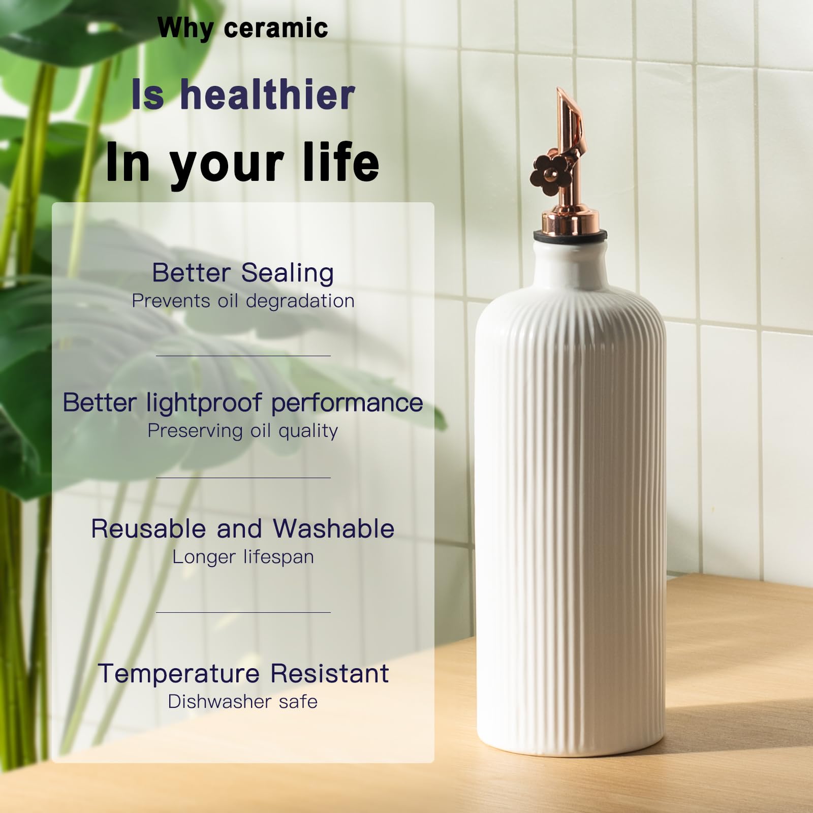 Dizada Dispenser per olio da cucina, dispenser per olio d'oliva, in ceramica, (623,7 g + 396,9 g), grande capacità, dispenser per olio e aceto, con beccuccio in acciaio inossidabile, contenitore per
