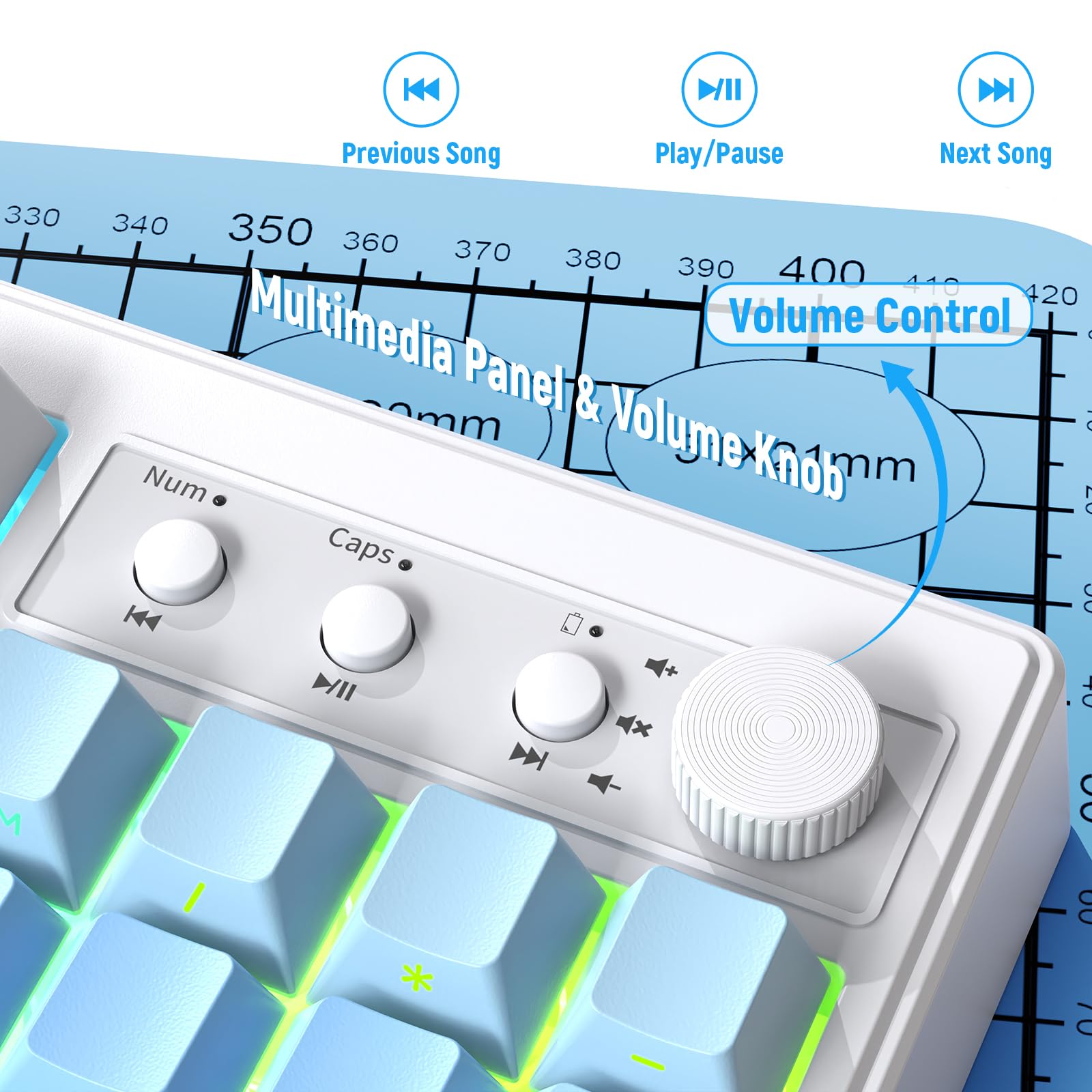 ZIYOU LANG K100 Teclado Gaming Inalámbrico Layout US, Conexión Tri-Modo (BT/2.4G/Cable) Teclado de Membrana con Perilla, 102 Teclas PBT Gradiente, 4000mAh RGB Backlit, para PC/Mac - Azul Glaciar