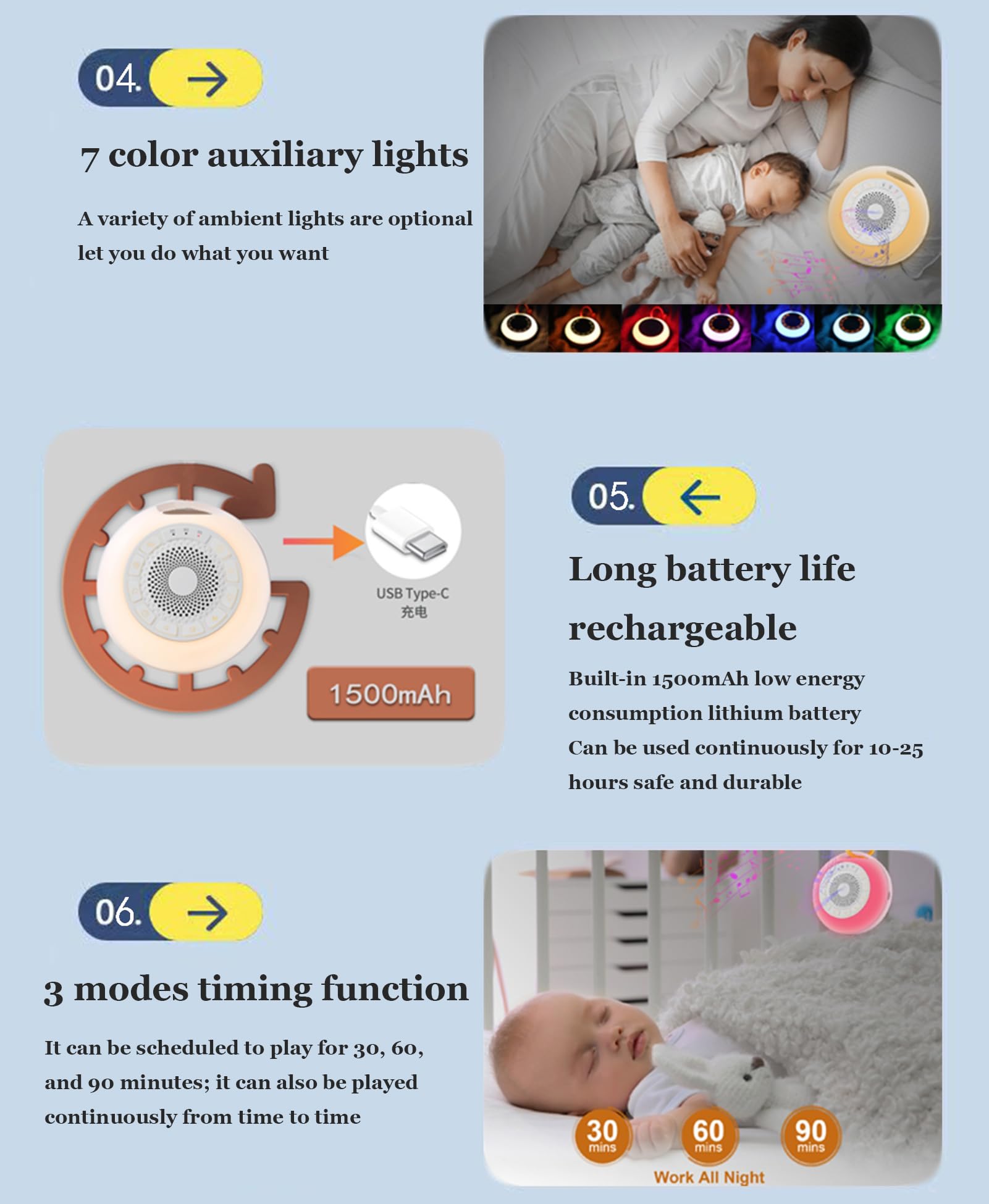 Máquina para Dormir con Ruido Blanco, 26 Sonidos relajantes, 7 Luces nocturnas, con Anillo Antideslizante y Recargable por USB, Terapia pequeña, para niños, Viajes y hogar.