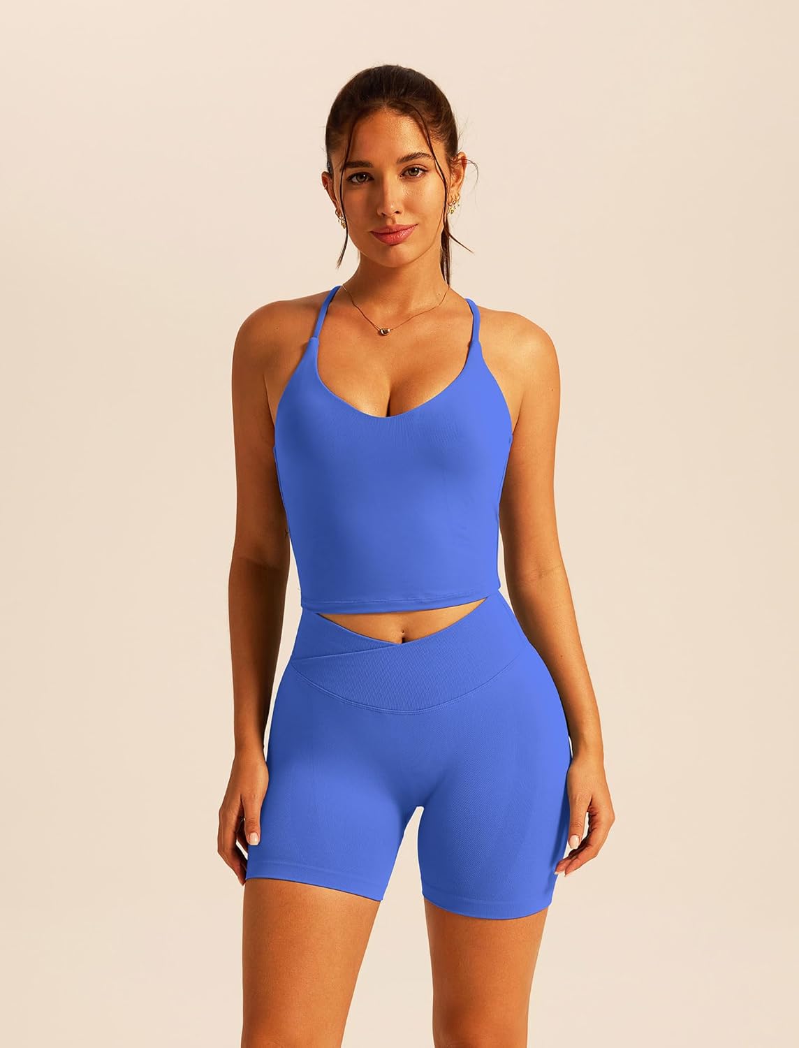 ABOCIW Workout Sets for Women 2 Piece V Neck Cross Back Tank Crossover Waist High Waist Biker Shorts Gym Sets
